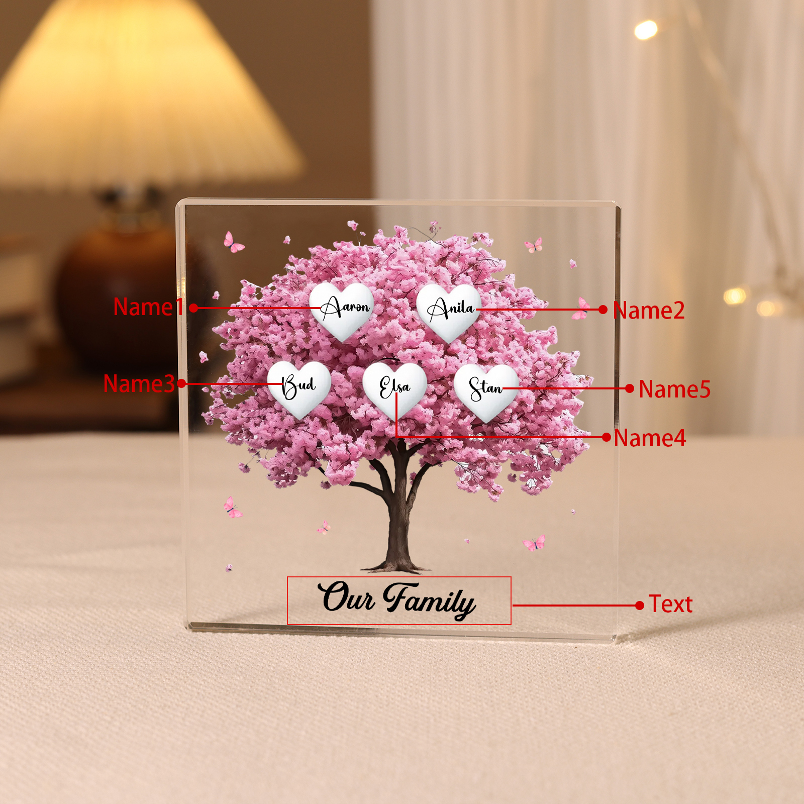 Personalised Pink Family Tree Acrylic Square Plaque Custom 2–10 Names & 1 Text Ornament Christmas Gifts for Grandma/Mother
