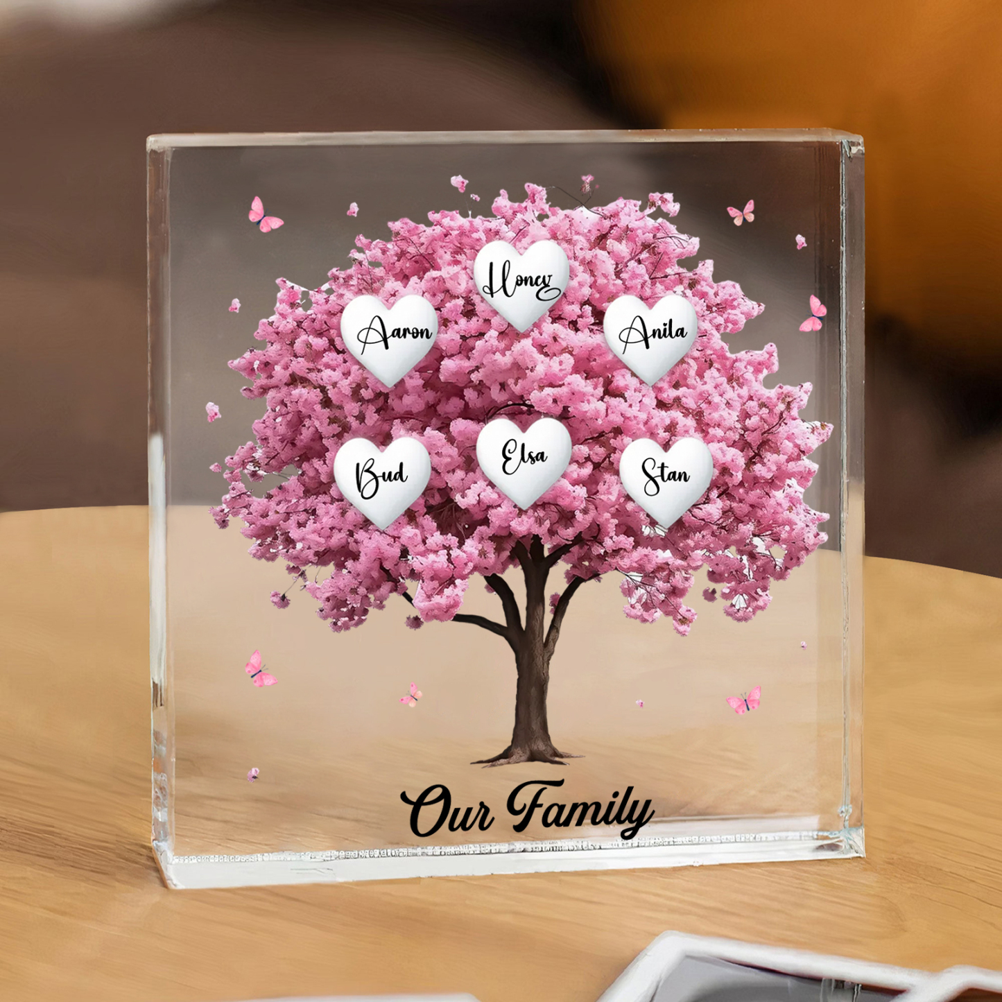 Personalised Pink Family Tree Acrylic Square Plaque Custom 2–10 Names & 1 Text Ornament Christmas Gifts for Grandma/Mother-Jessemade AU