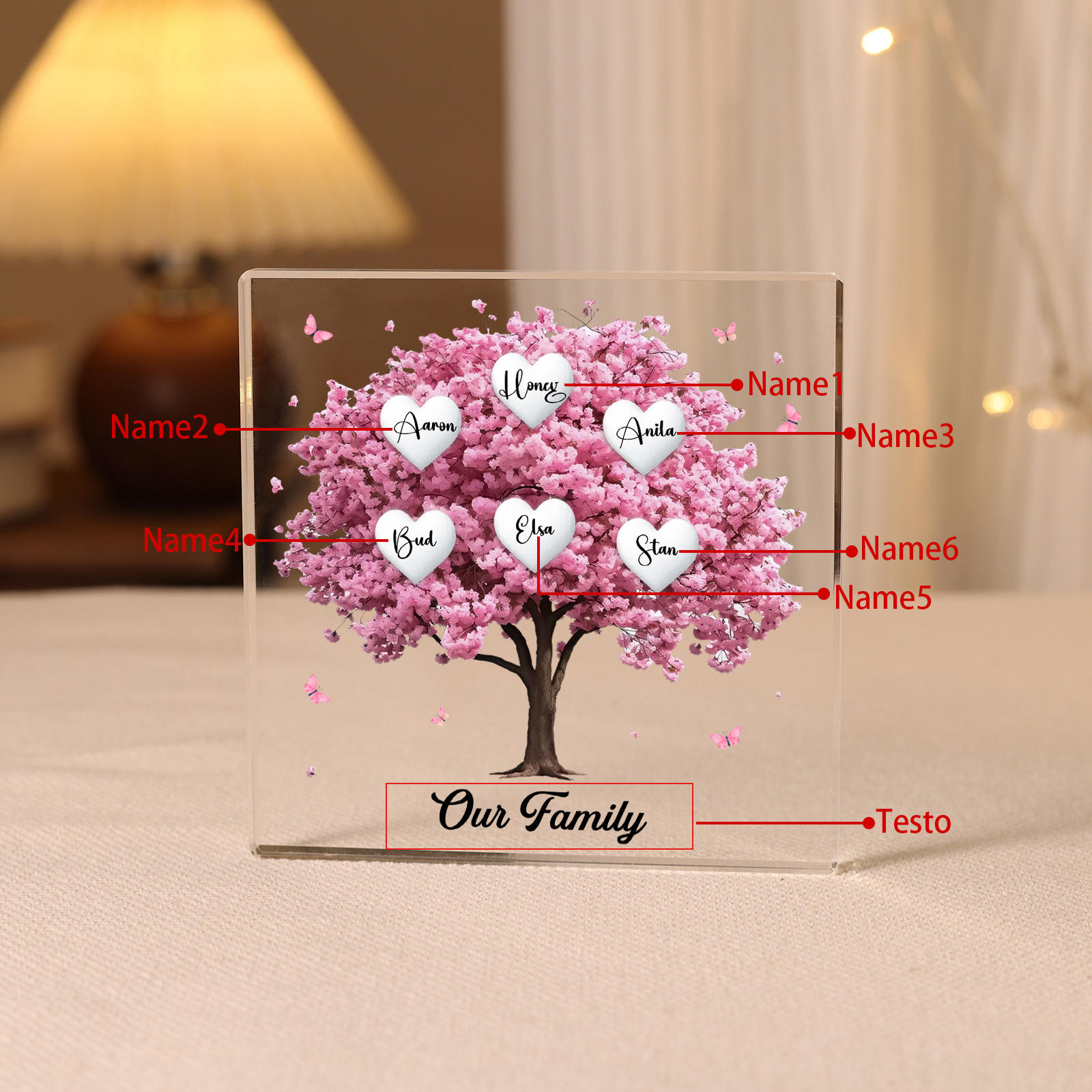 Personalised Pink Family Tree Acrylic Square Plaque Custom 2–10 Names & 1 Text Ornament Christmas Gifts for Grandma/Mother-Jessemade AU