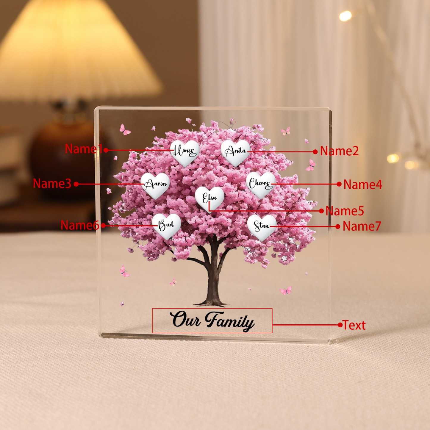 Personalised Pink Family Tree Acrylic Square Plaque Custom 2–10 Names & 1 Text Ornament Christmas Gifts for Grandma/Mother-Jessemade AU