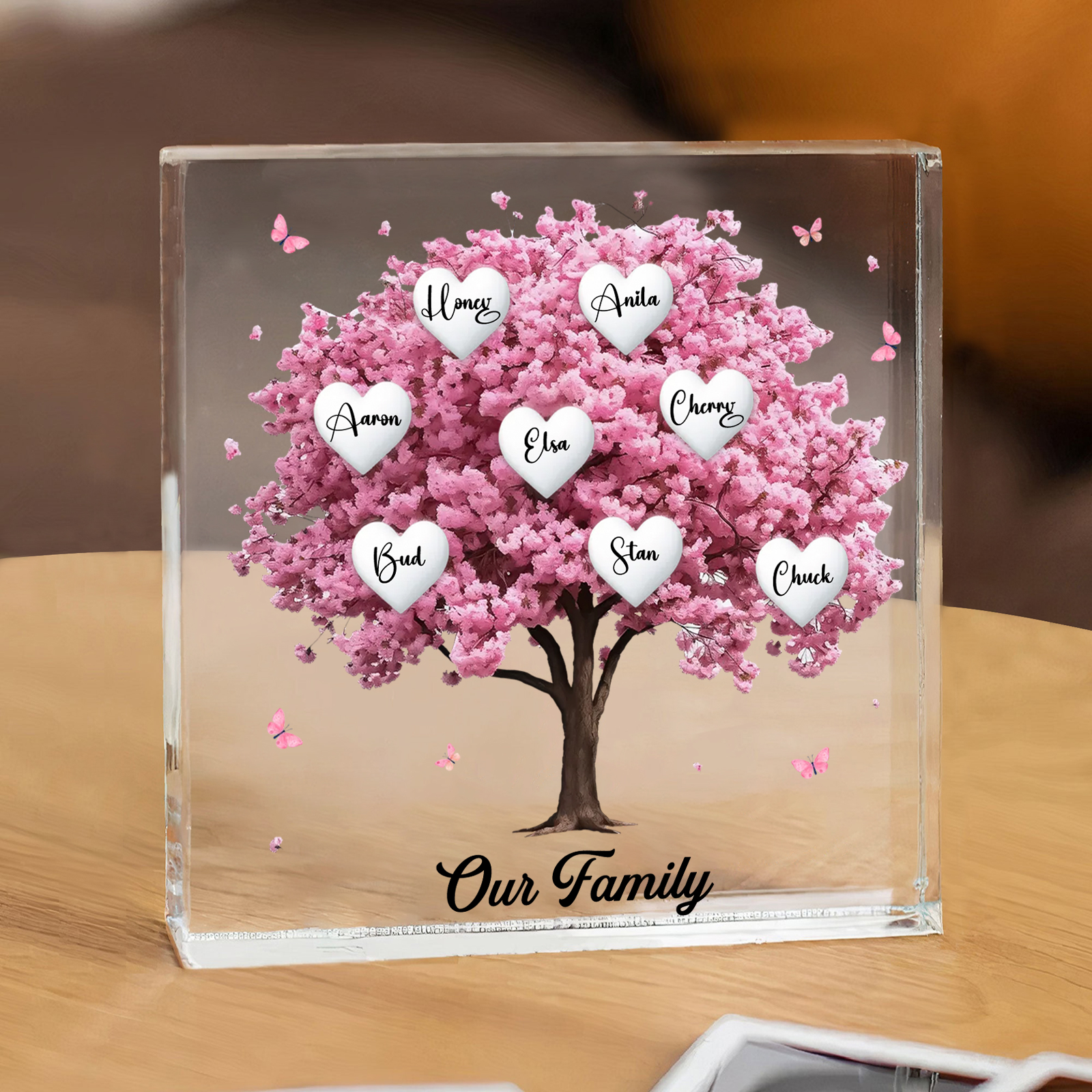 Personalised Pink Family Tree Acrylic Square Plaque Custom 2–10 Names & 1 Text Ornament Christmas Gifts for Grandma/Mother-Jessemade AU