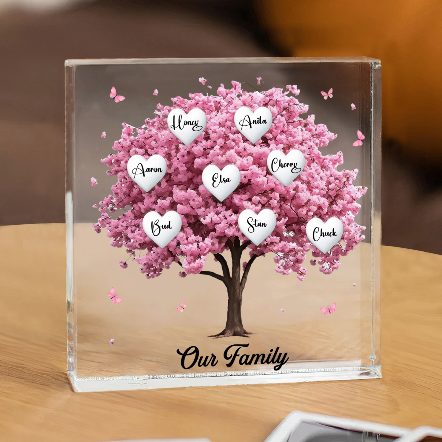 Personalised Pink Family Tree Acrylic Square Plaque Custom 2–10 Names & 1 Text Ornament Christmas Gifts for Grandma/Mother-Jessemade AU