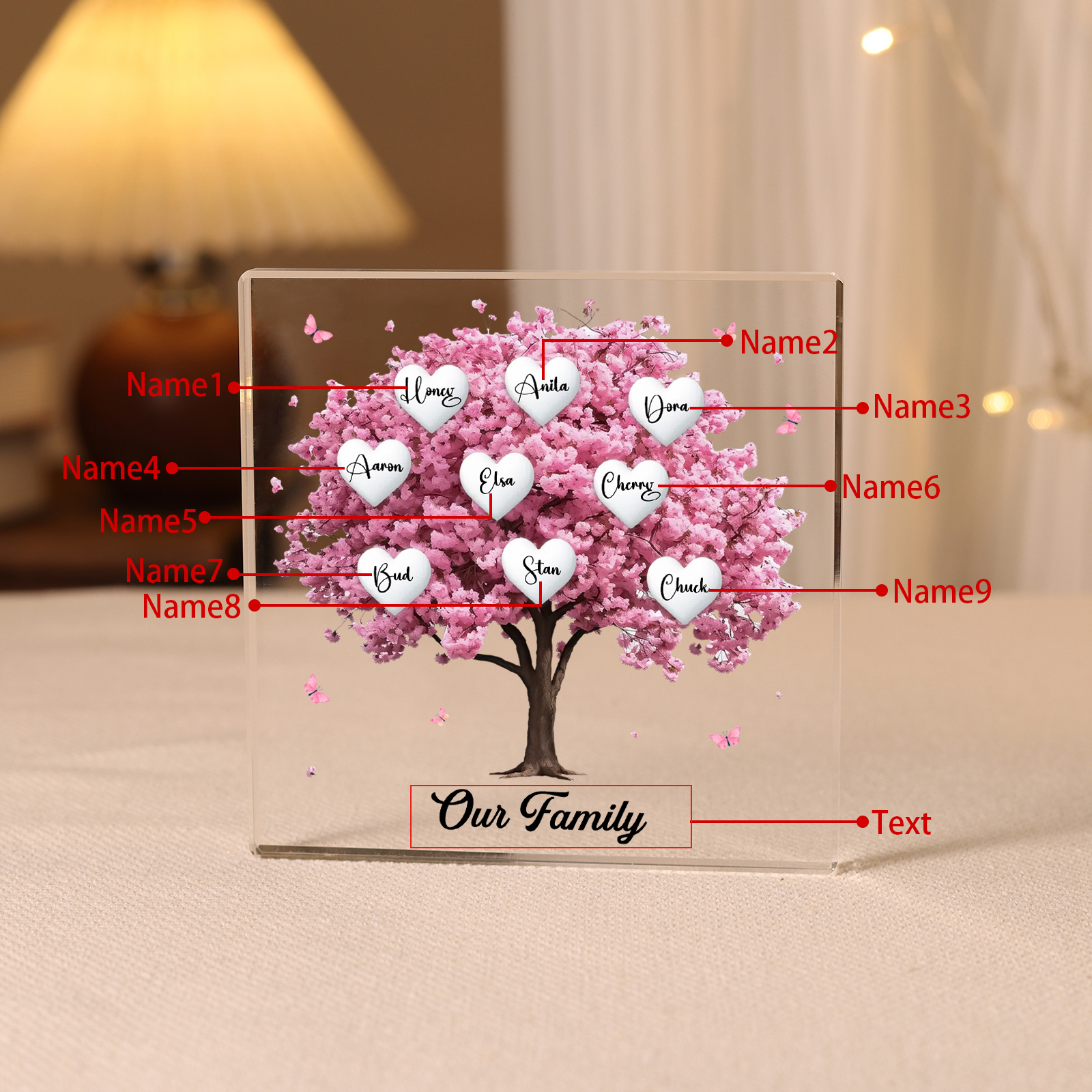 Personalised Pink Family Tree Acrylic Square Plaque Custom 2–10 Names & 1 Text Ornament Christmas Gifts for Grandma/Mother-Jessemade AU