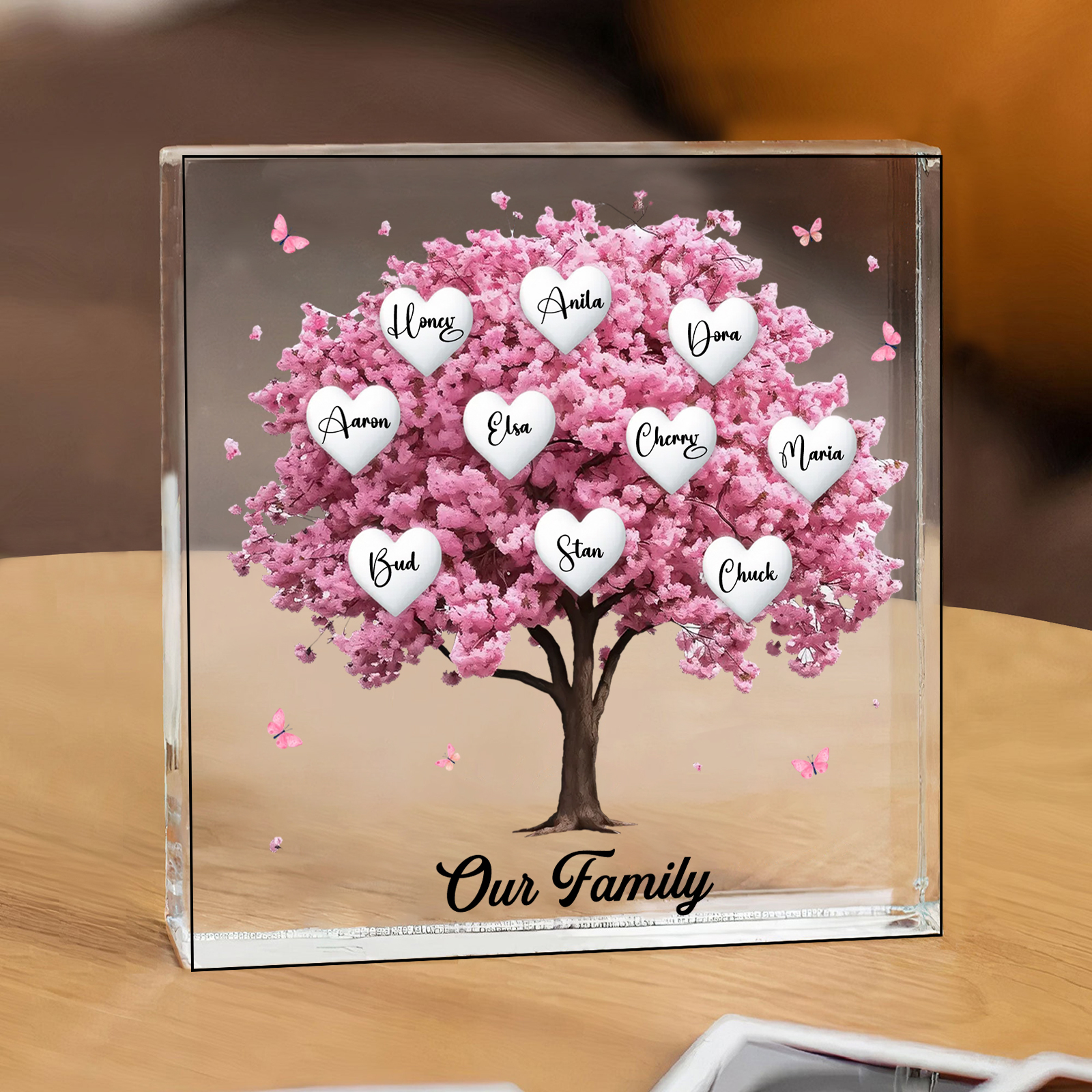 Personalised Pink Family Tree Acrylic Square Plaque Custom 2–10 Names & 1 Text Ornament Christmas Gifts for Grandma/Mother-Jessemade AU