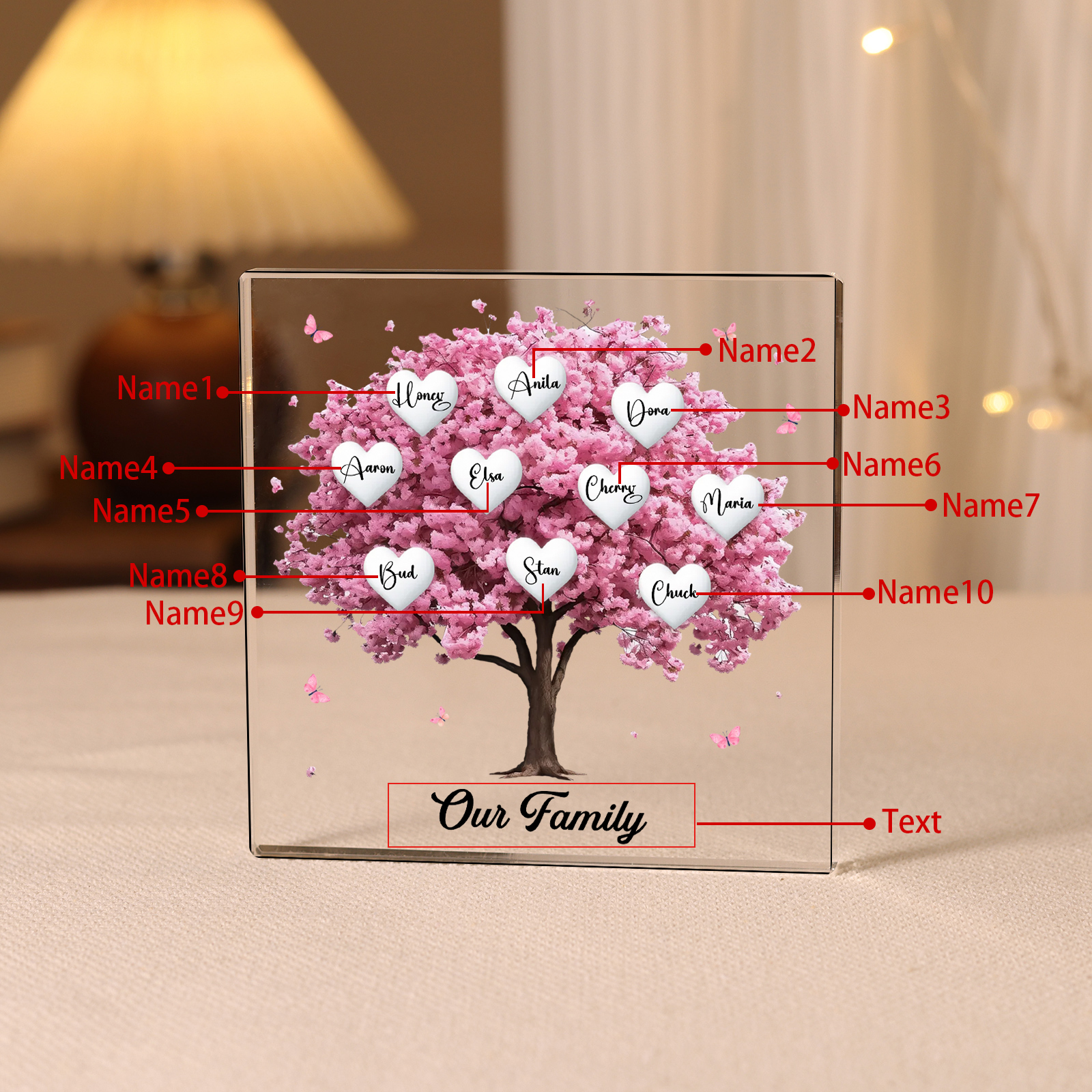 Personalised Pink Family Tree Acrylic Square Plaque Custom 2–10 Names & 1 Text Ornament Christmas Gifts for Grandma/Mother-Jessemade AU
