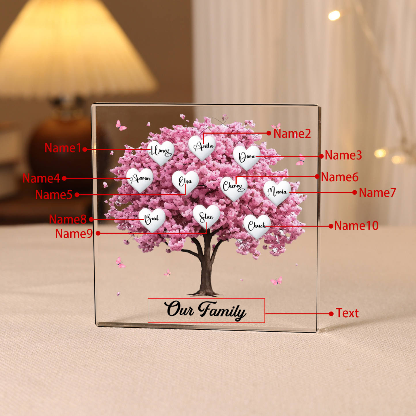 Personalised Pink Family Tree Acrylic Square Plaque Custom 2–10 Names & 1 Text Ornament Christmas Gifts for Grandma/Mother-Jessemade AU