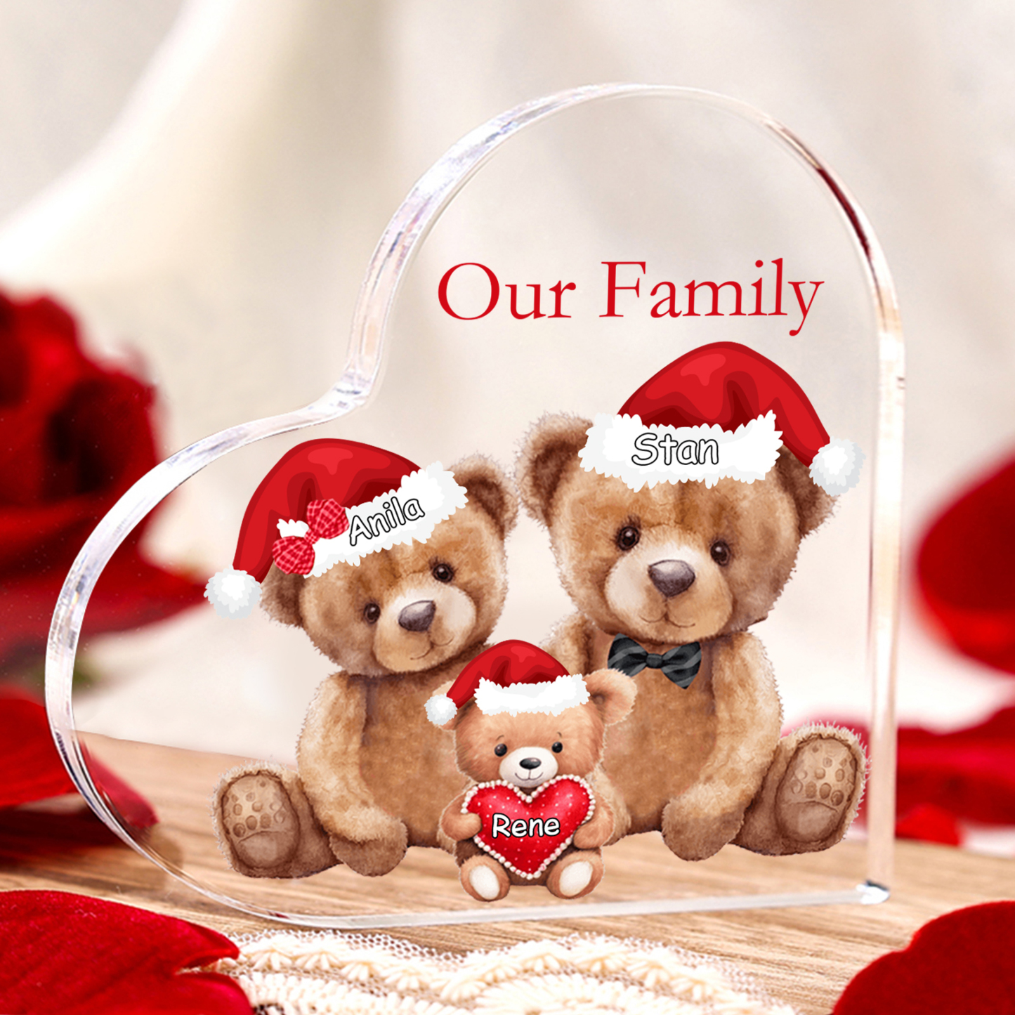 Personalised Teddy Bear Family Acrylic Heart Plaque Custom 3–10 Names & 1 Text Ornament Christmas Gifts for Dad/Mum-Jessemade AU