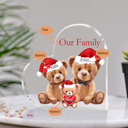 Personalised Teddy Bear Family Acrylic Heart Plaque Custom 3–10 Names & 1 Text Ornament Christmas Gifts for Dad/Mum-Jessemade AU