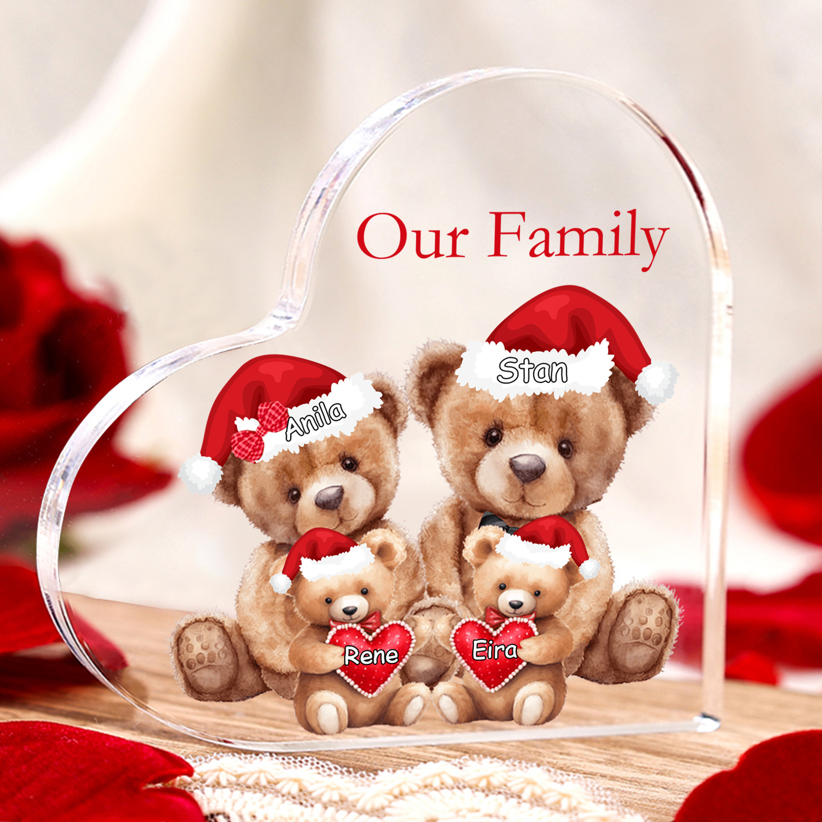 Personalised Teddy Bear Family Acrylic Heart Plaque Custom 3–10 Names & 1 Text Ornament Christmas Gifts for Dad/Mum-Jessemade AU
