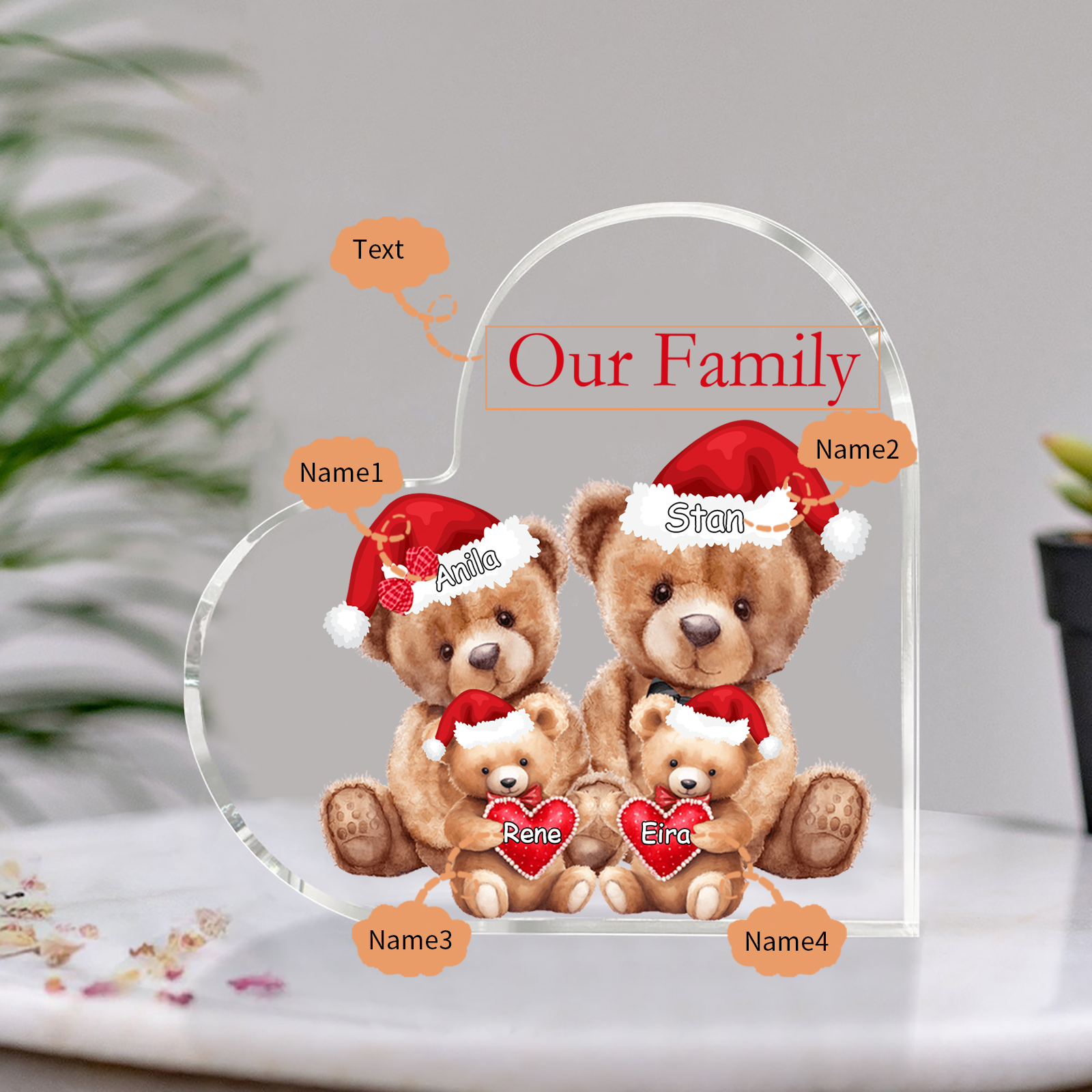 Personalised Teddy Bear Family Acrylic Heart Plaque Custom 3–10 Names & 1 Text Ornament Christmas Gifts for Dad/Mum-Jessemade AU