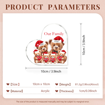 Personalised Teddy Bear Family Acrylic Heart Plaque Custom 3–10 Names & 1 Text Ornament Christmas Gifts for Dad/Mum-Jessemade AU