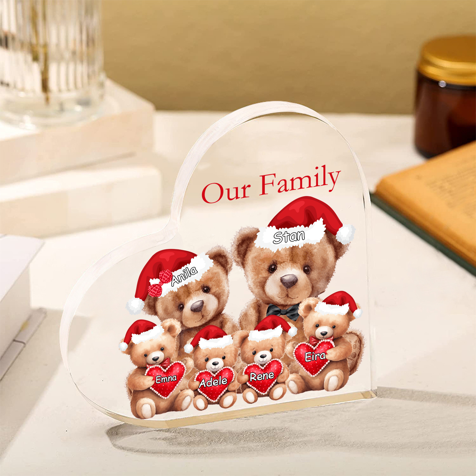 Personalised Teddy Bear Family Acrylic Heart Plaque Custom 3–10 Names & 1 Text Ornament Christmas Gifts for Dad/Mum-Jessemade AU