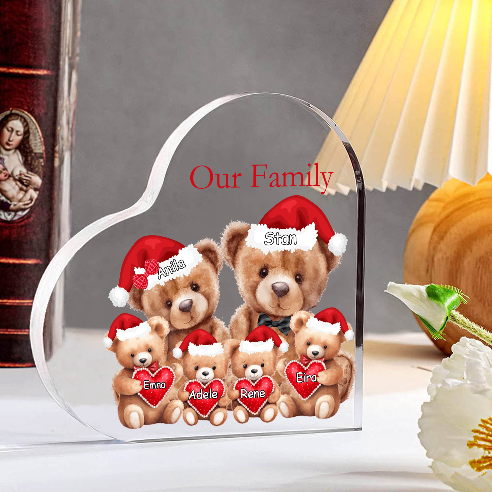 Personalised Teddy Bear Family Acrylic Heart Plaque Custom 3–10 Names & 1 Text Ornament Christmas Gifts for Dad/Mum-Jessemade AU