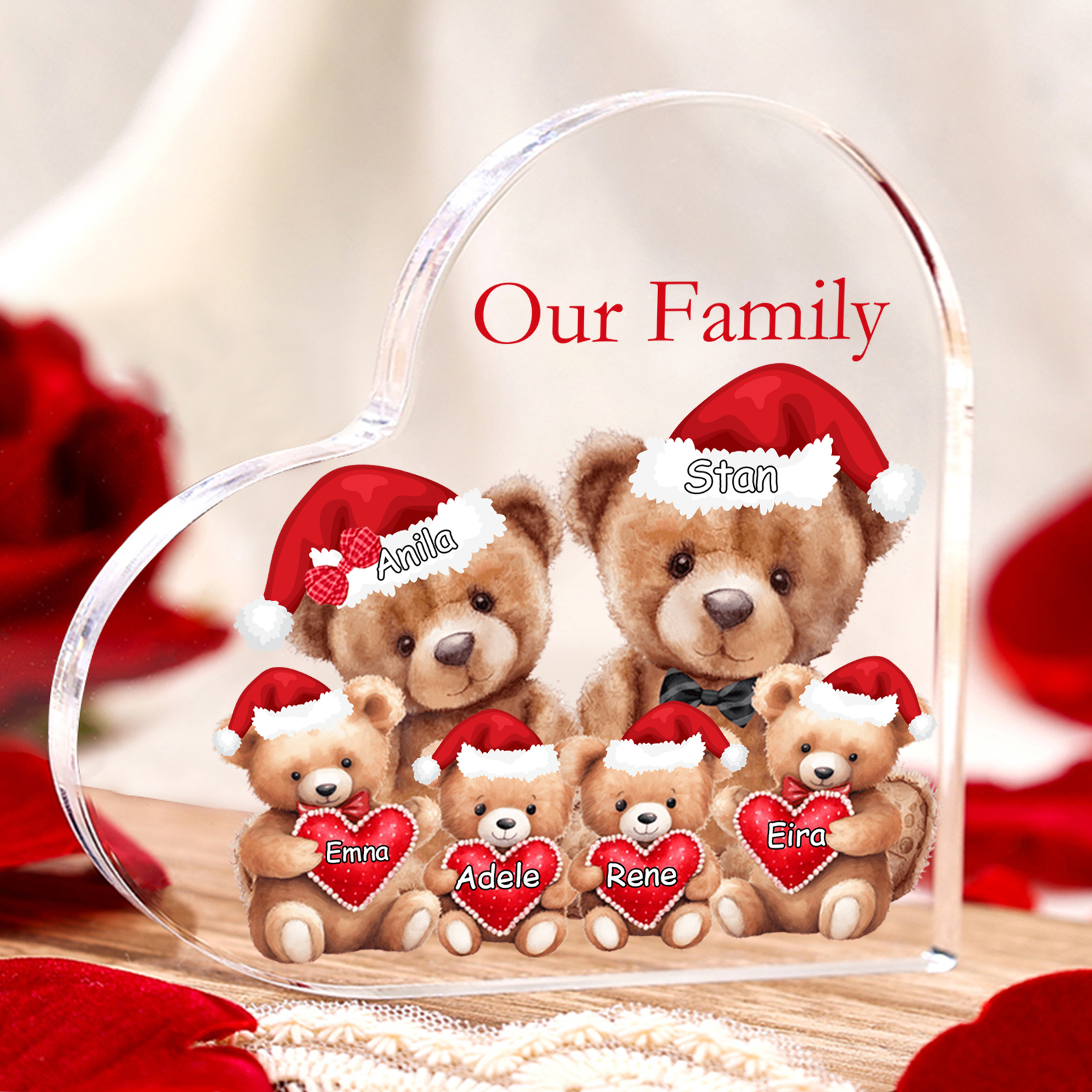 Personalised Teddy Bear Family Acrylic Heart Plaque Custom 3–10 Names & 1 Text Ornament Christmas Gifts for Dad/Mum-Jessemade AU