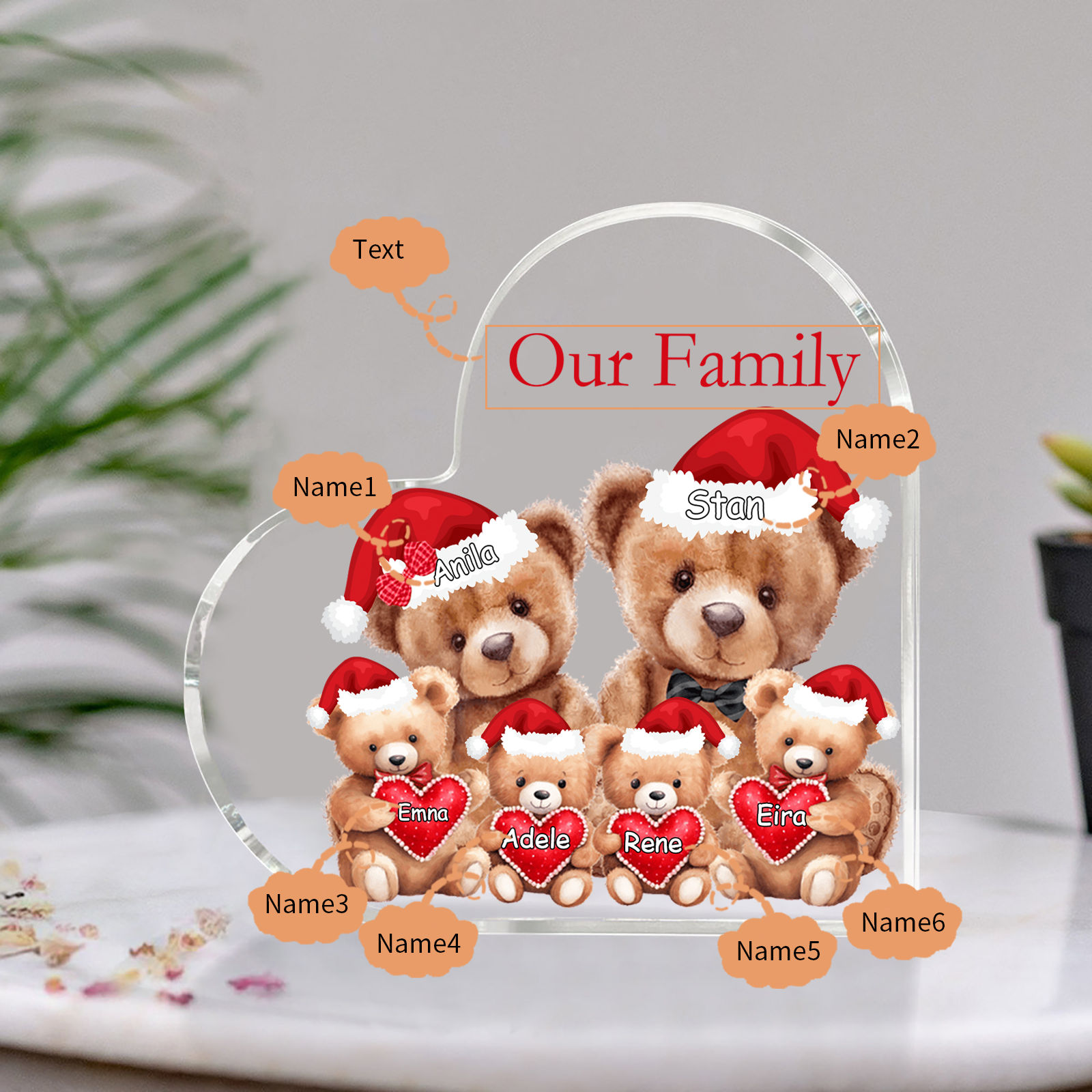 Personalised Teddy Bear Family Acrylic Heart Plaque Custom 3–10 Names & 1 Text Ornament Christmas Gifts for Dad/Mum