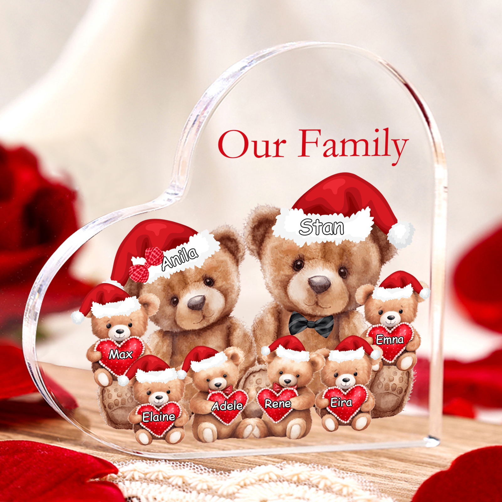 Personalised Teddy Bear Family Acrylic Heart Plaque Custom 3–10 Names & 1 Text Ornament Christmas Gifts for Dad/Mum-Jessemade AU