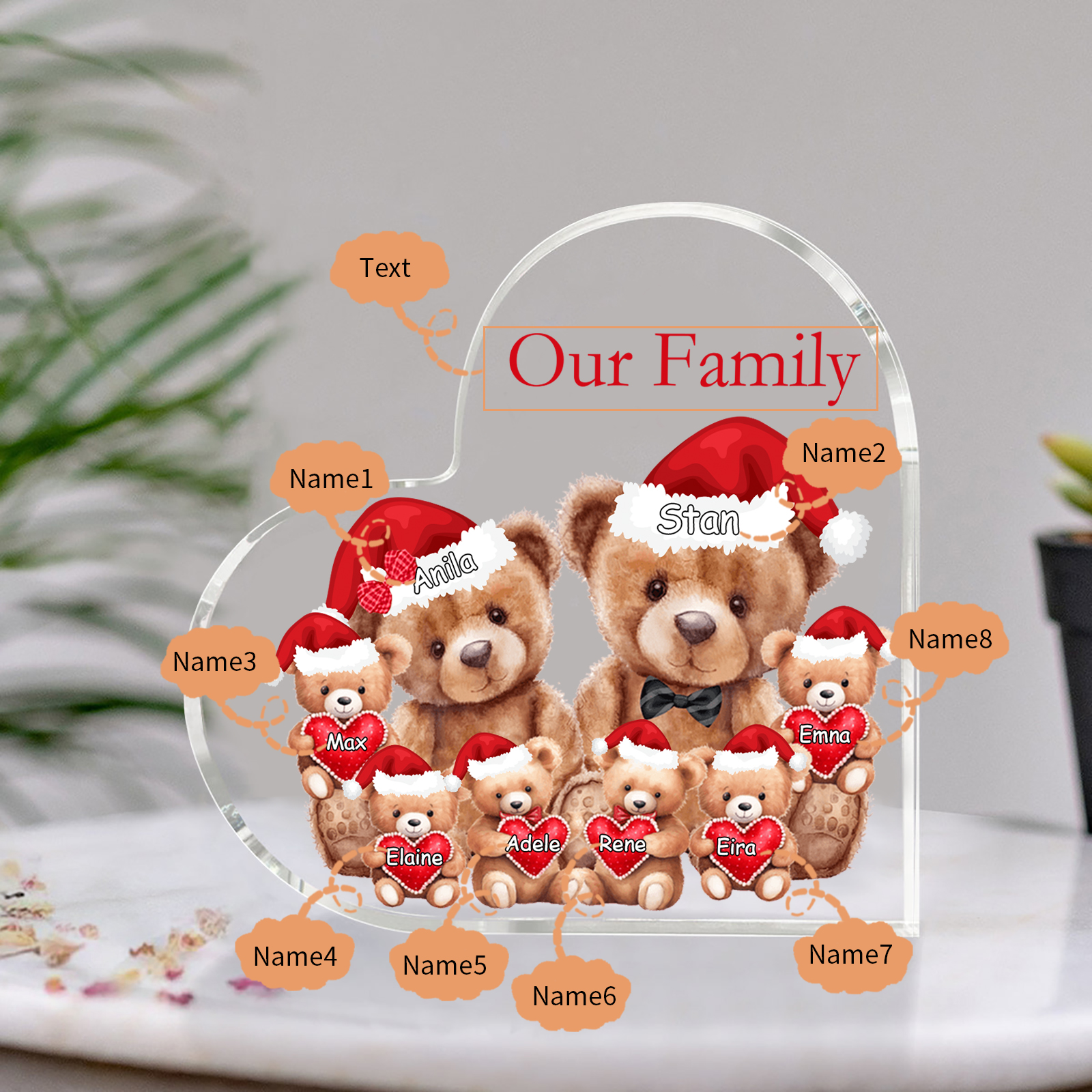 Personalised Teddy Bear Family Acrylic Heart Plaque Custom 3–10 Names & 1 Text Ornament Christmas Gifts for Dad/Mum-Jessemade AU