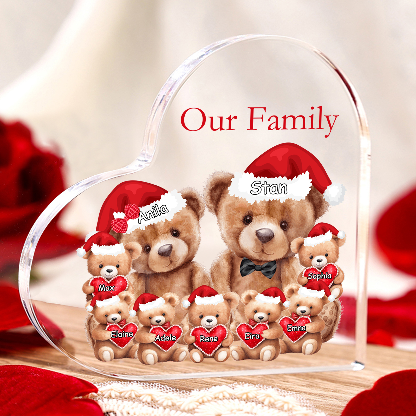 Personalised Teddy Bear Family Acrylic Heart Plaque Custom 3–10 Names & 1 Text Ornament Christmas Gifts for Dad/Mum-Jessemade AU