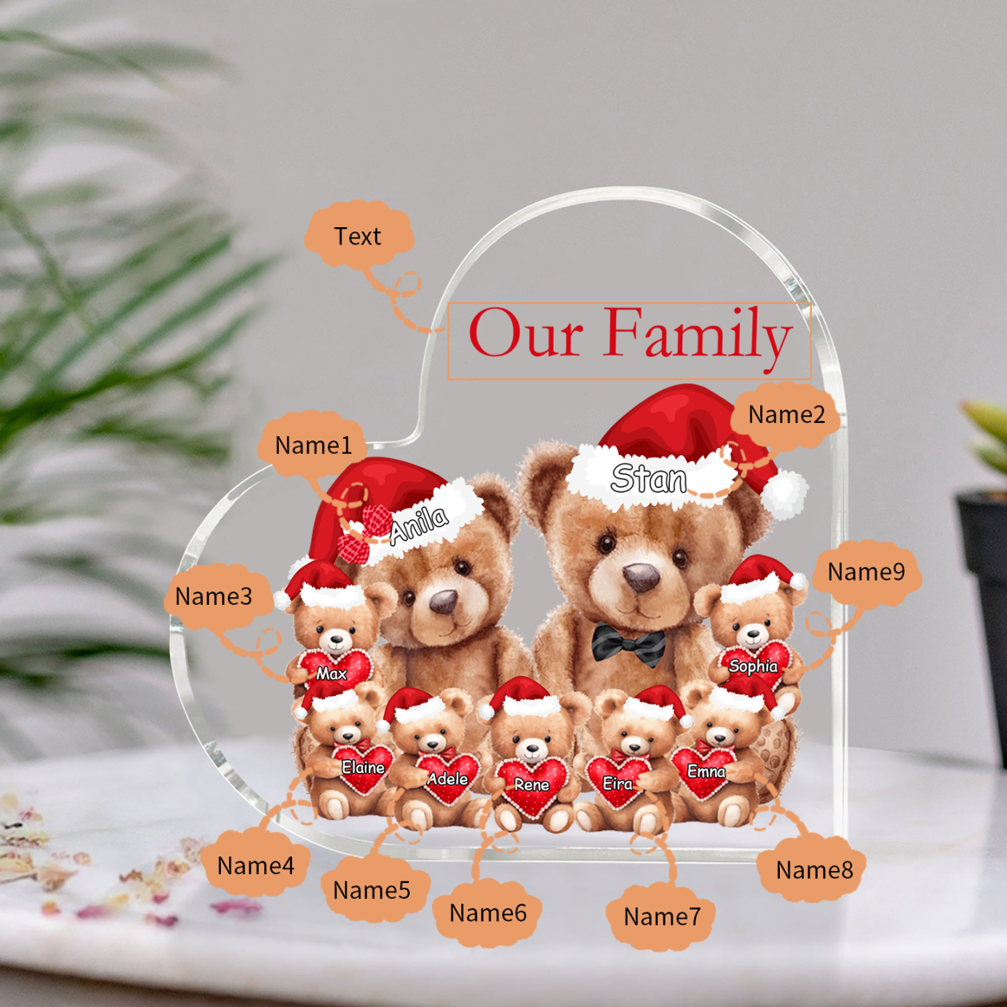 Personalised Teddy Bear Family Acrylic Heart Plaque Custom 3–10 Names & 1 Text Ornament Christmas Gifts for Dad/Mum-Jessemade AU