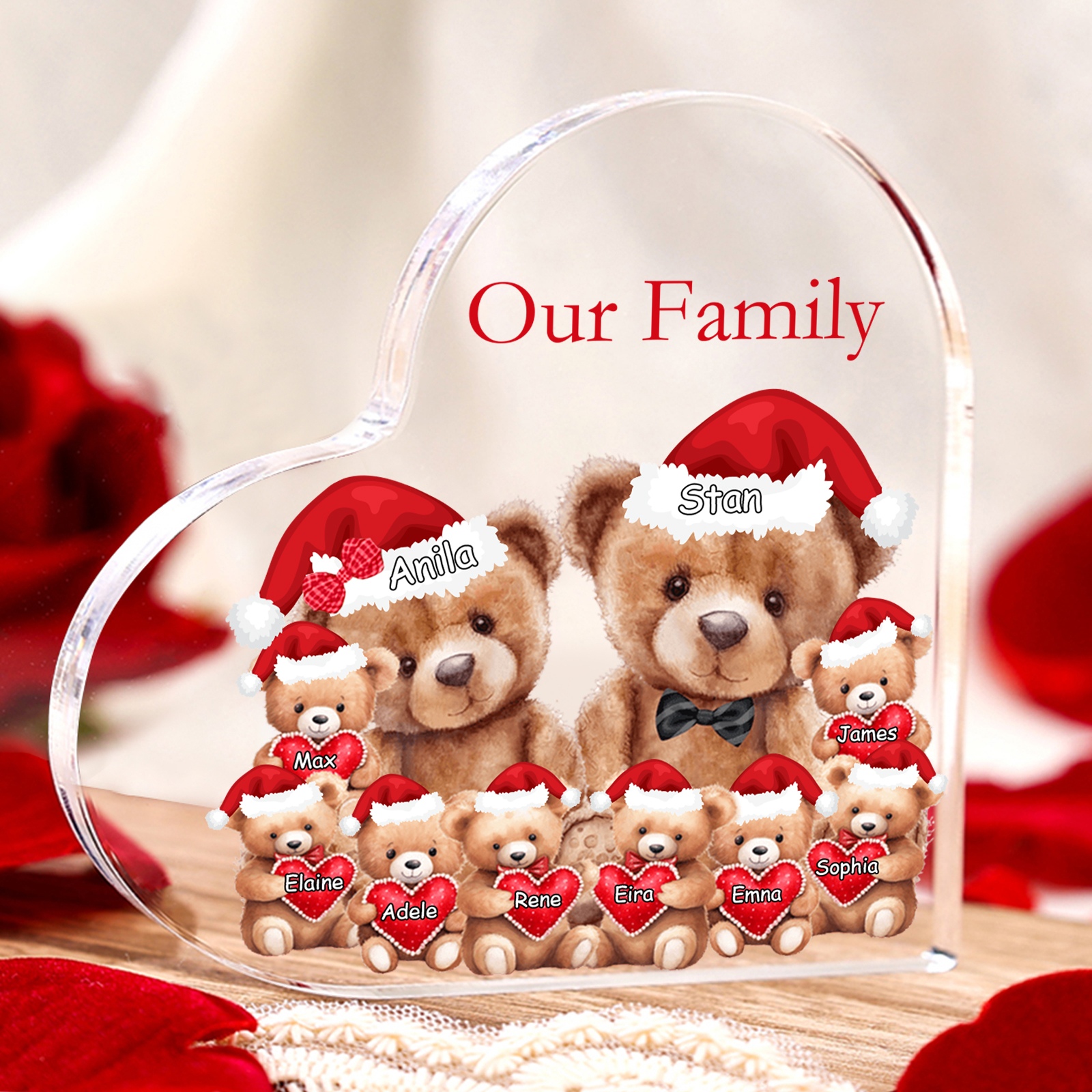 Personalised Teddy Bear Family Acrylic Heart Plaque Custom 3–10 Names & 1 Text Ornament Christmas Gifts for Dad/Mum-Jessemade AU