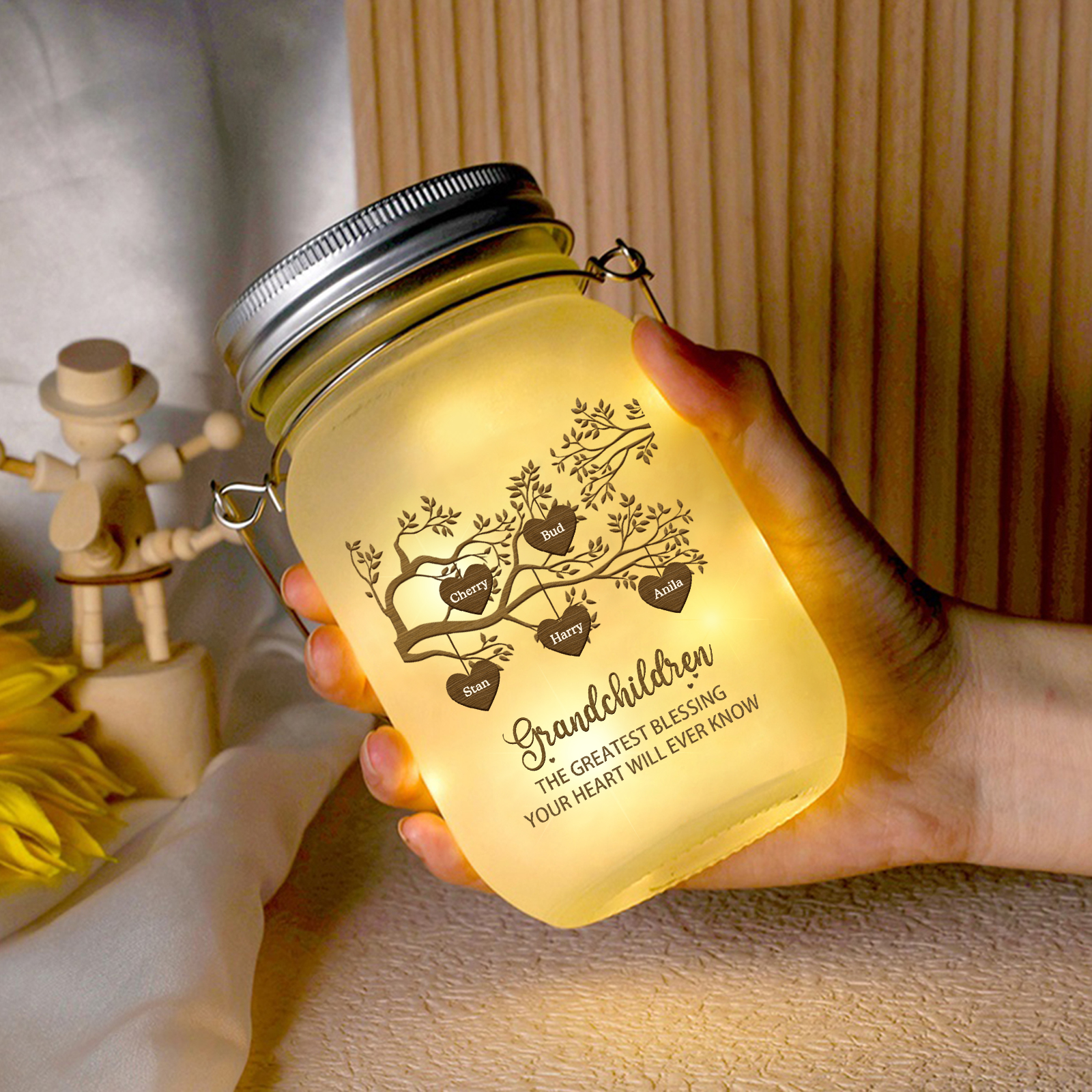 Personalised Mason Jar Light Custom 2–10 Names & 2 Texts Family Tree Bottle Gifts for Grandpa/Grandma-Jessemade AU