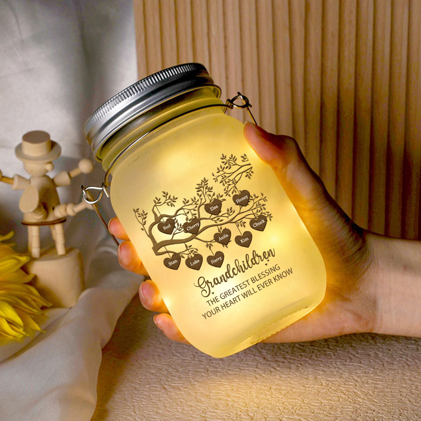 Personalised Mason Jar Light Custom 2–10 Names & 2 Texts Family Tree Bottle Gifts for Grandpa/Grandma-Jessemade AU