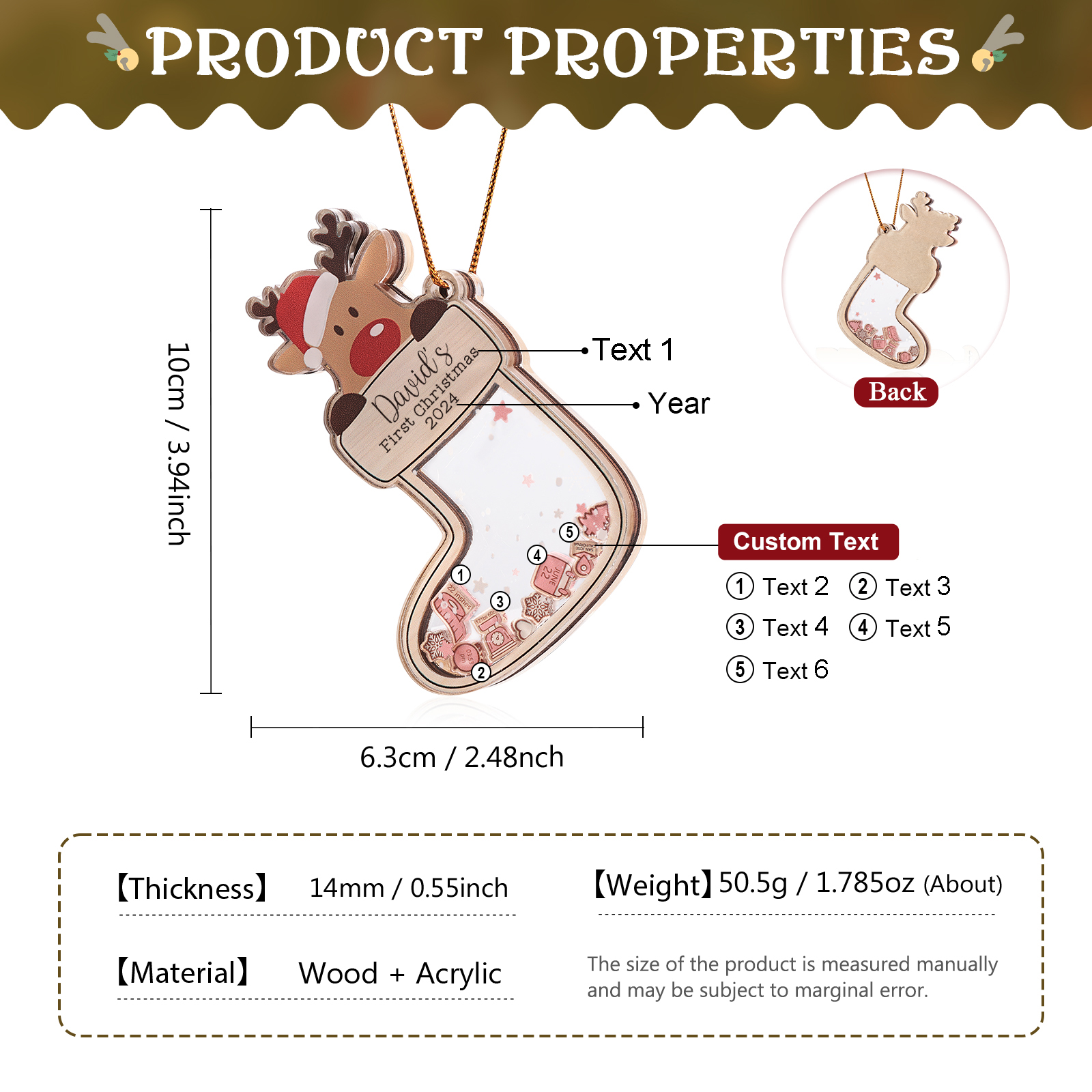 Personalised Reindeer Baby's First Christmas Stocking Shaker Ornament with 6 Custom Texts and Year