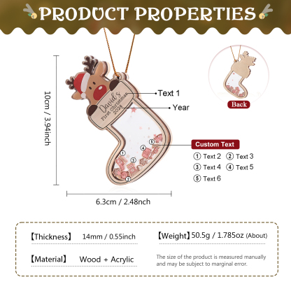 Personalised Reindeer Baby's First Christmas Stocking Shaker Ornament with 6 Custom Texts and Year