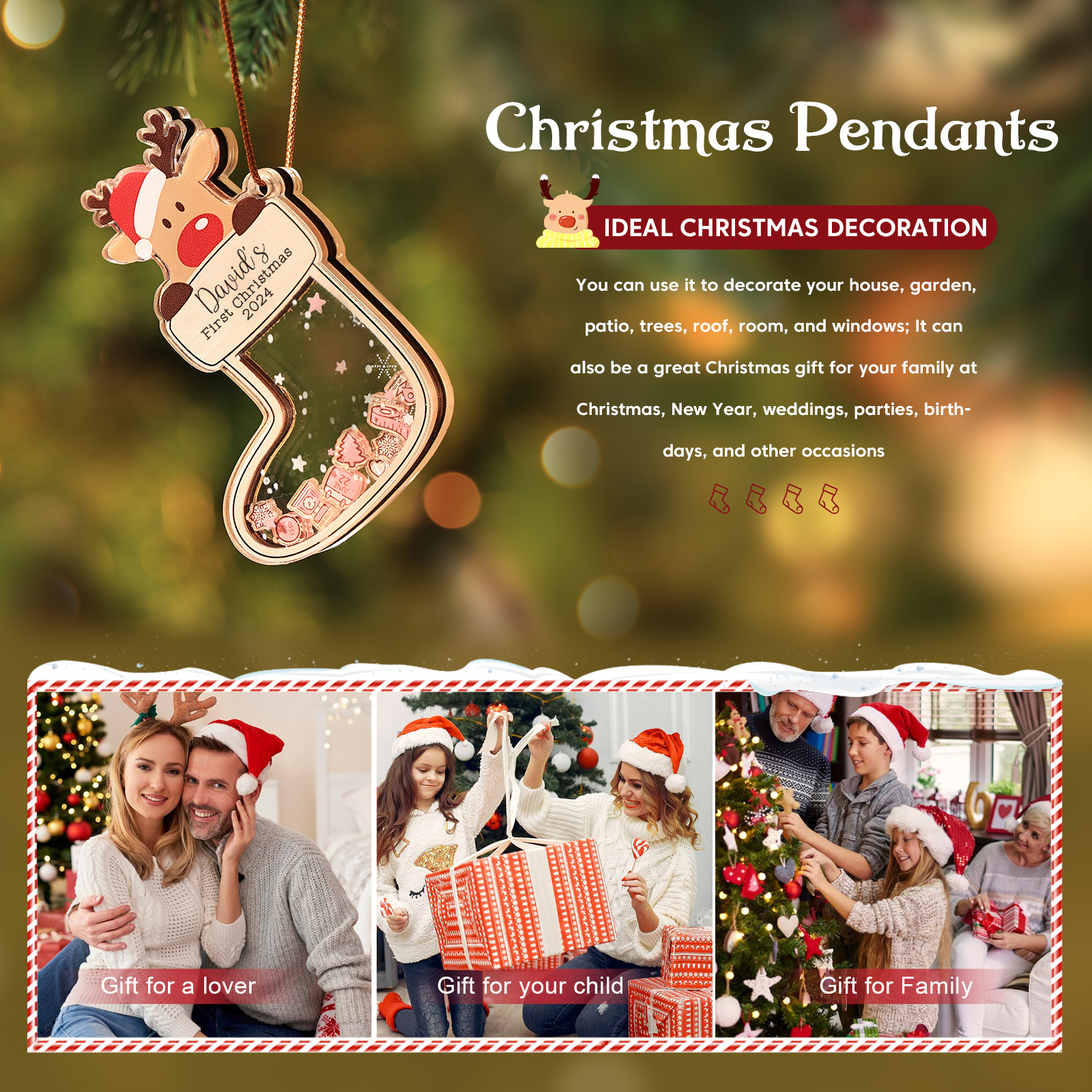 Personalised Reindeer Baby's First Christmas Stocking Shaker Ornament with 6 Custom Texts and Year