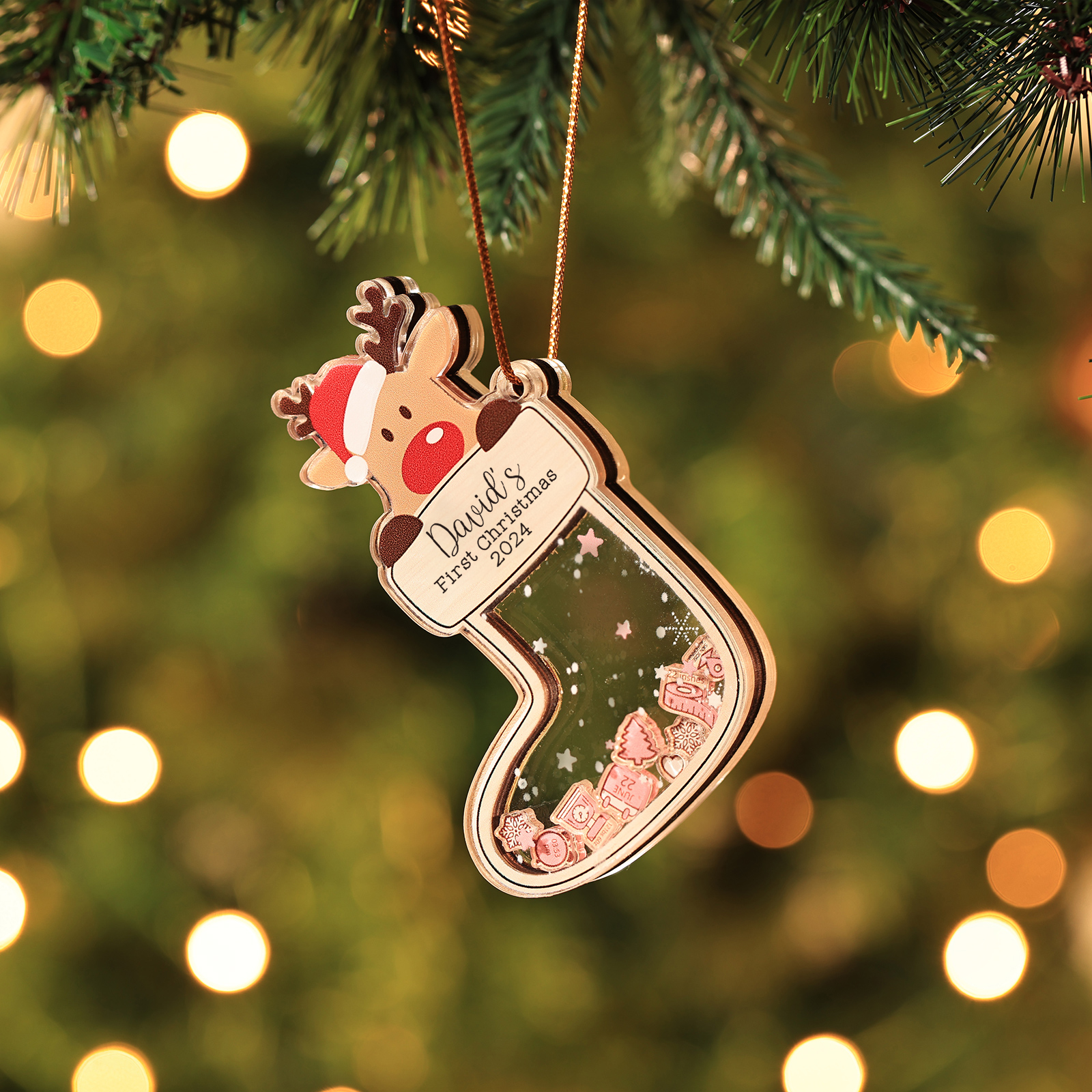 Personalised Reindeer Baby's First Christmas Stocking Shaker Ornament with 6 Custom Texts and Year