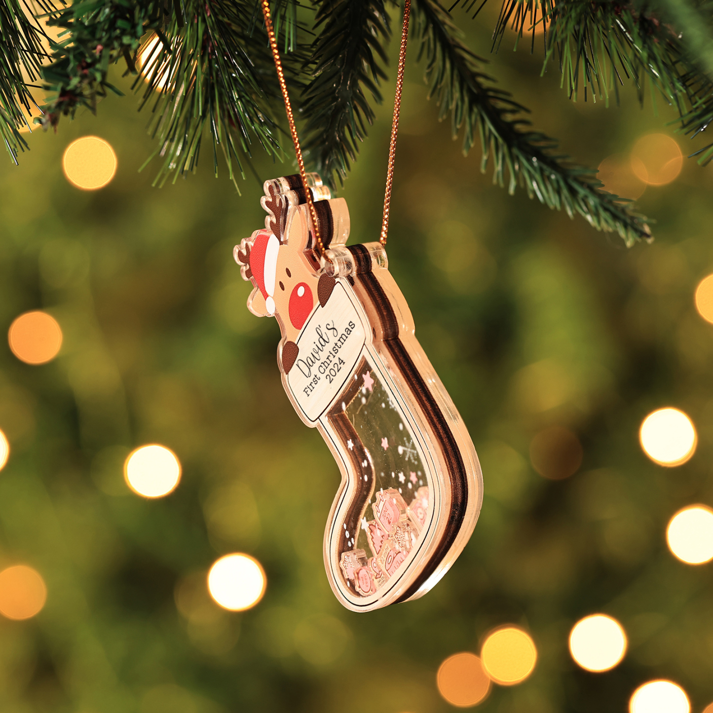 Personalised Reindeer Baby's First Christmas Stocking Shaker Ornament with 6 Custom Texts and Year