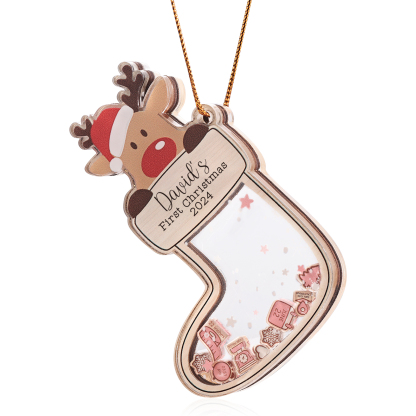 Personalised Reindeer Baby's First Christmas Stocking Shaker Ornament with 6 Custom Texts and Year