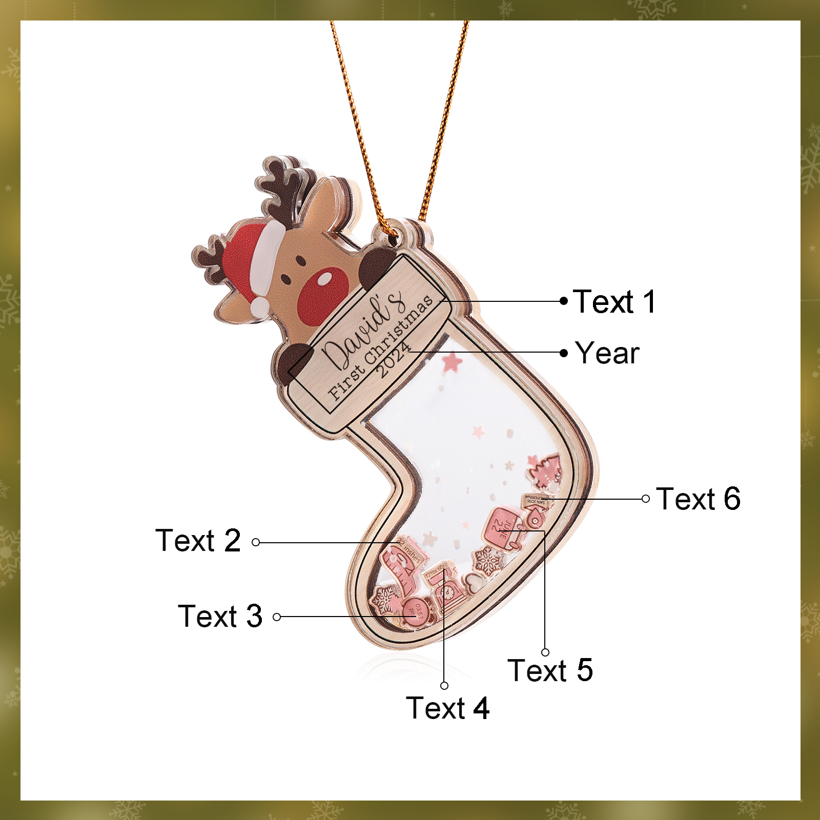Personalised Reindeer Baby's First Christmas Stocking Shaker Ornament with 6 Custom Texts and Year
