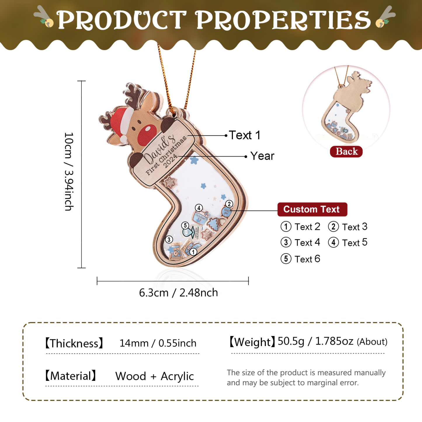 Personalised Reindeer Baby's First Christmas Stocking Shaker Ornament with 6 Custom Texts and Year