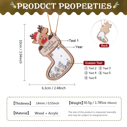 Personalised Reindeer Baby's First Christmas Stocking Shaker Ornament with 6 Custom Texts and Year
