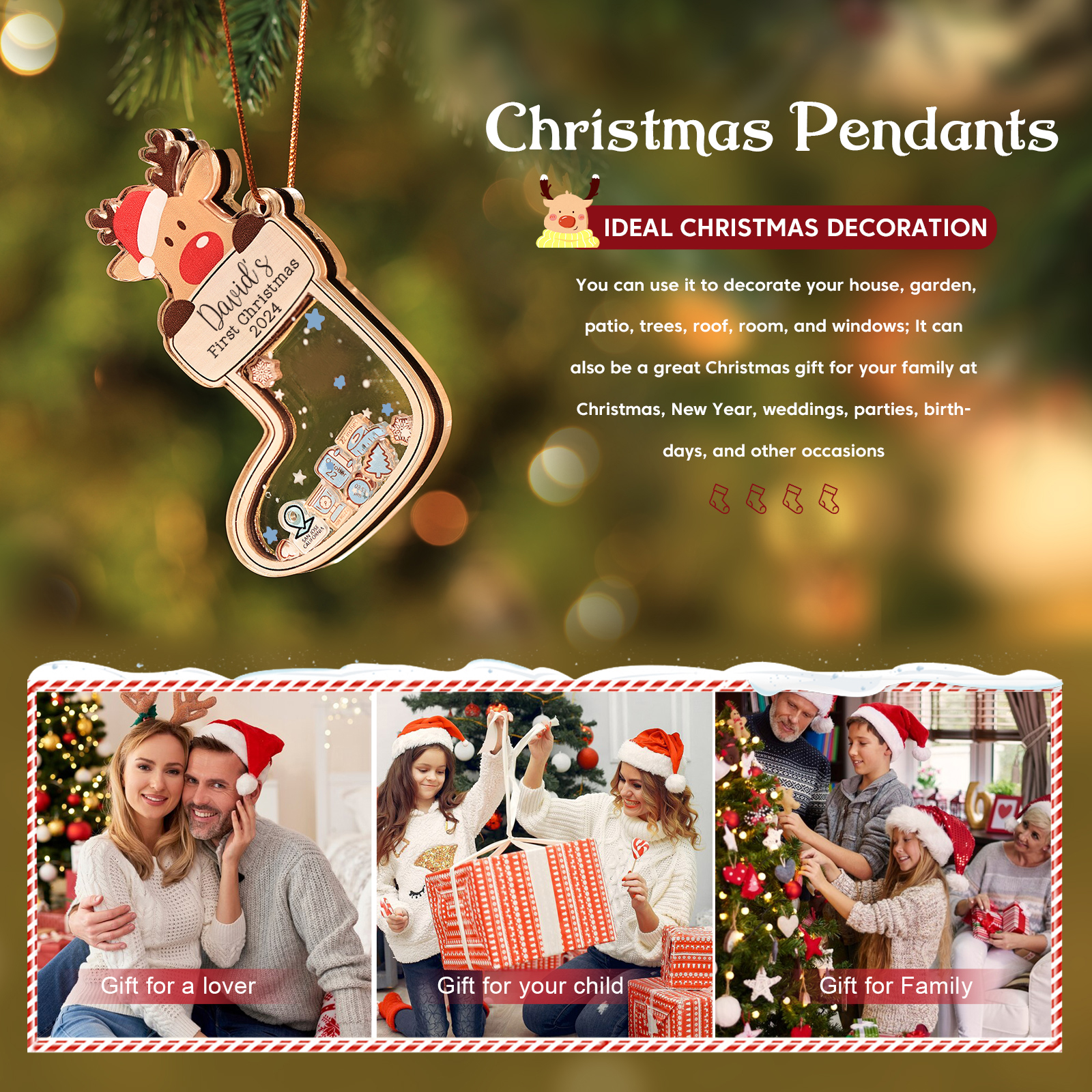 Personalised Reindeer Baby's First Christmas Stocking Shaker Ornament with 6 Custom Texts and Year