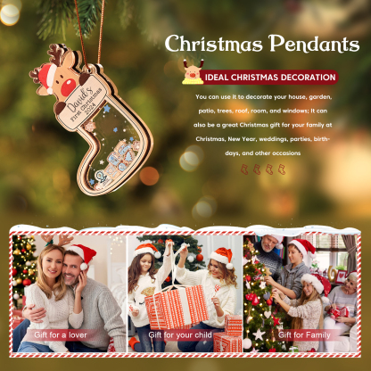 Personalised Reindeer Baby's First Christmas Stocking Shaker Ornament with 6 Custom Texts and Year