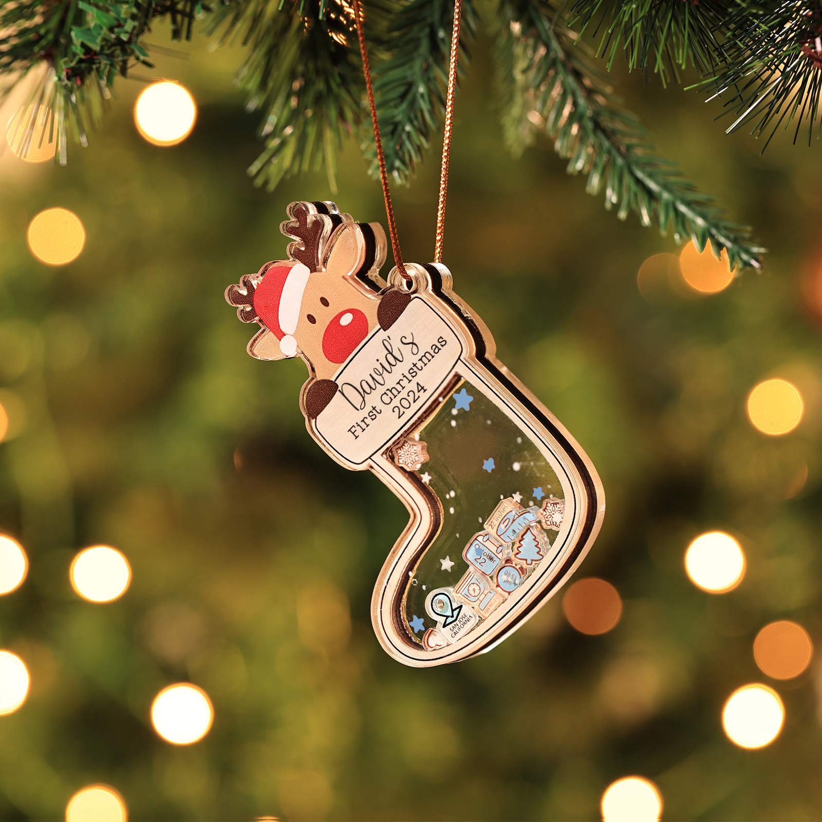 Personalised Reindeer Baby's First Christmas Stocking Shaker Ornament with 6 Custom Texts and Year