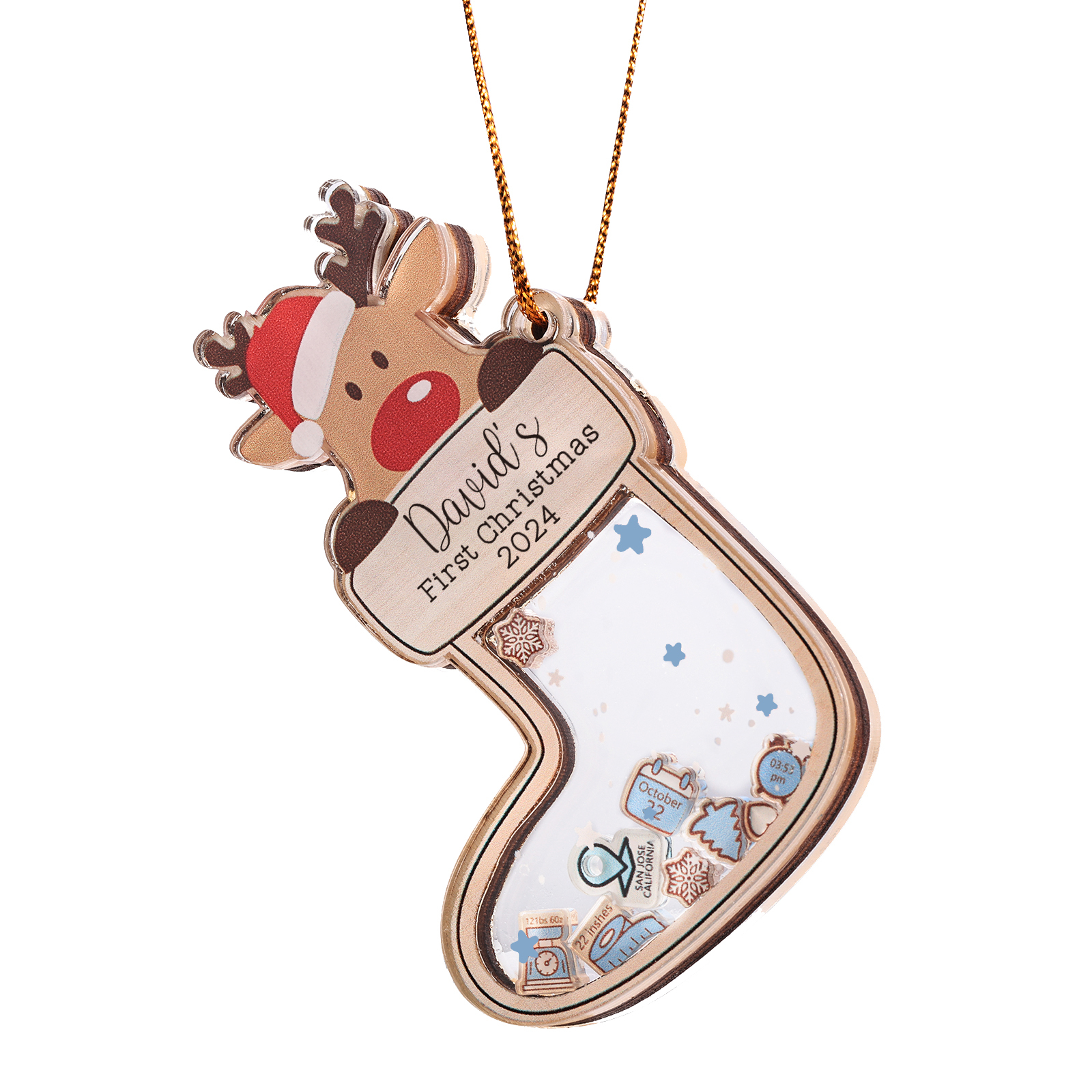 Personalised Reindeer Baby's First Christmas Stocking Shaker Ornament with 6 Custom Texts and Year