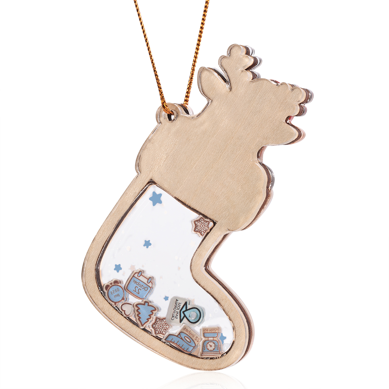 Personalised Reindeer Baby's First Christmas Stocking Shaker Ornament with 6 Custom Texts and Year