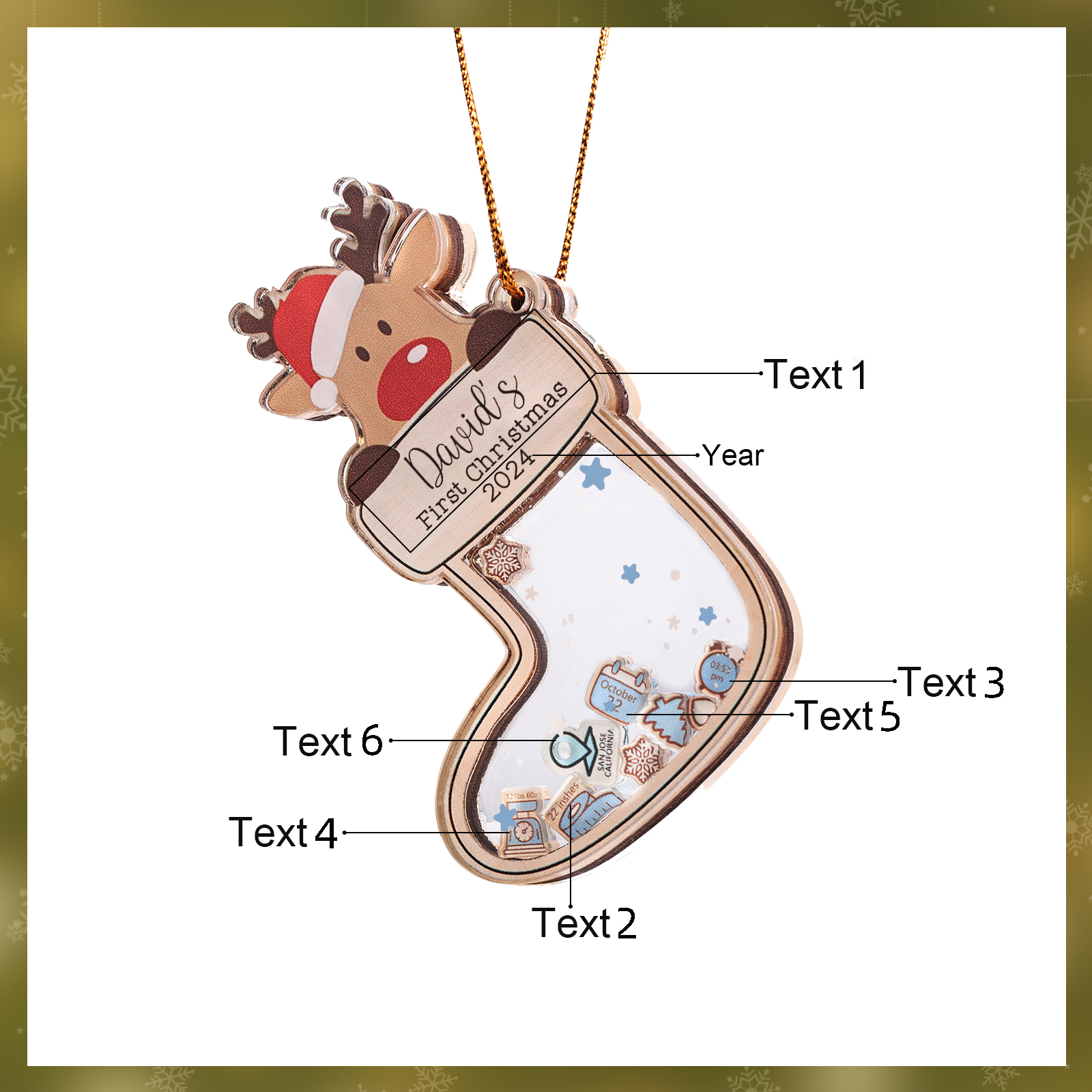 Personalised Reindeer Baby's First Christmas Stocking Shaker Ornament with 6 Custom Texts and Year