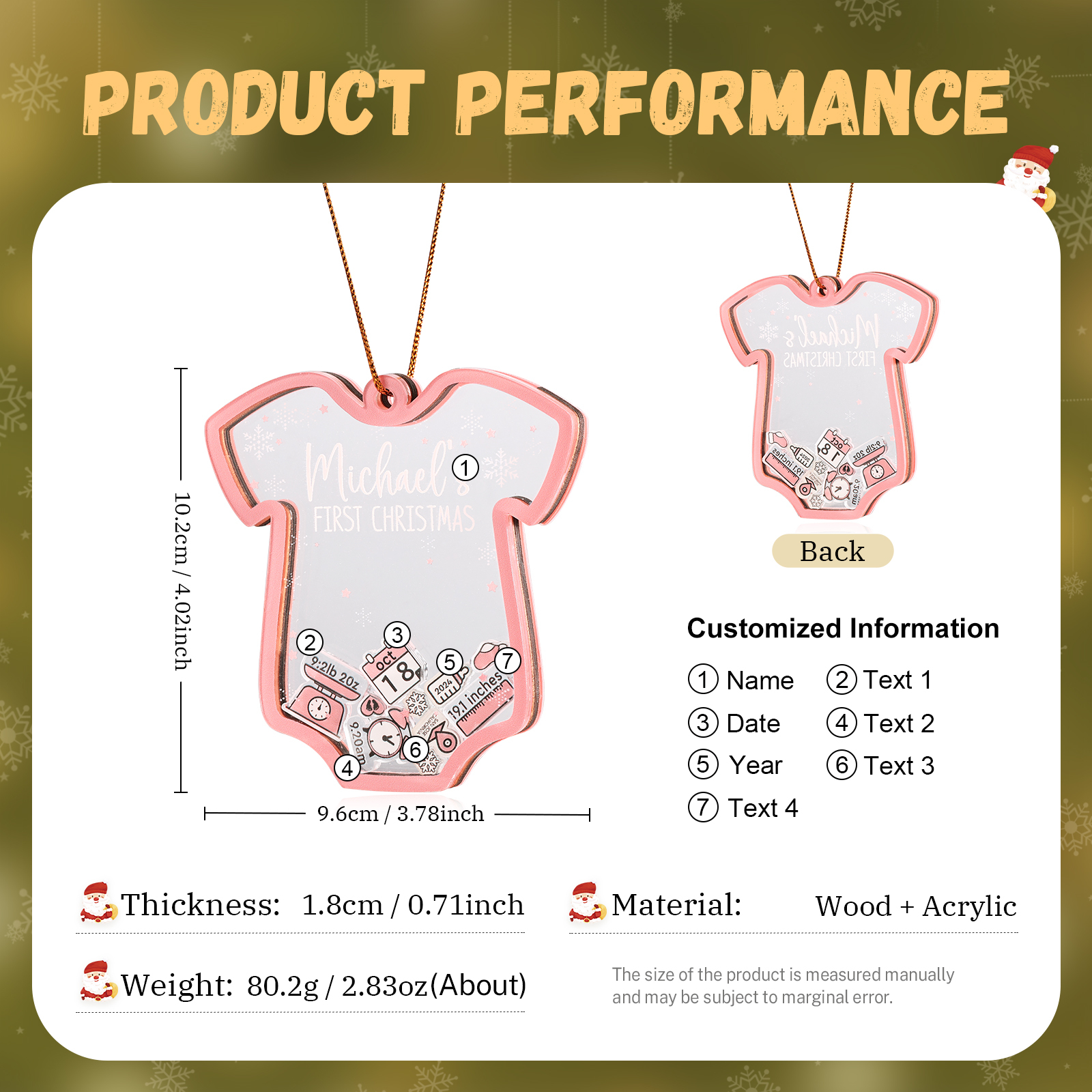 Personalised Baby's First Christmas Ornament 4 texts Name Date and Year Keepsake