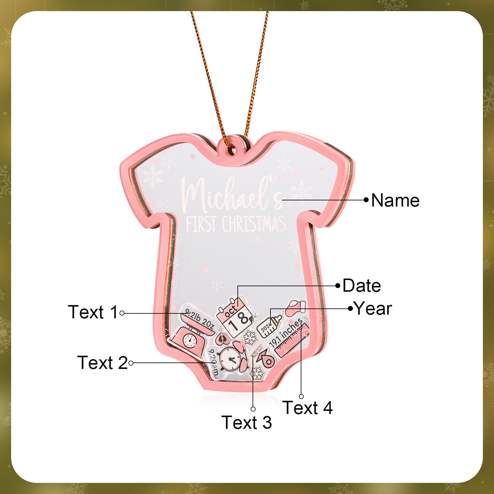 Personalised Baby's First Christmas Ornament 4 texts Name Date and Year Keepsake