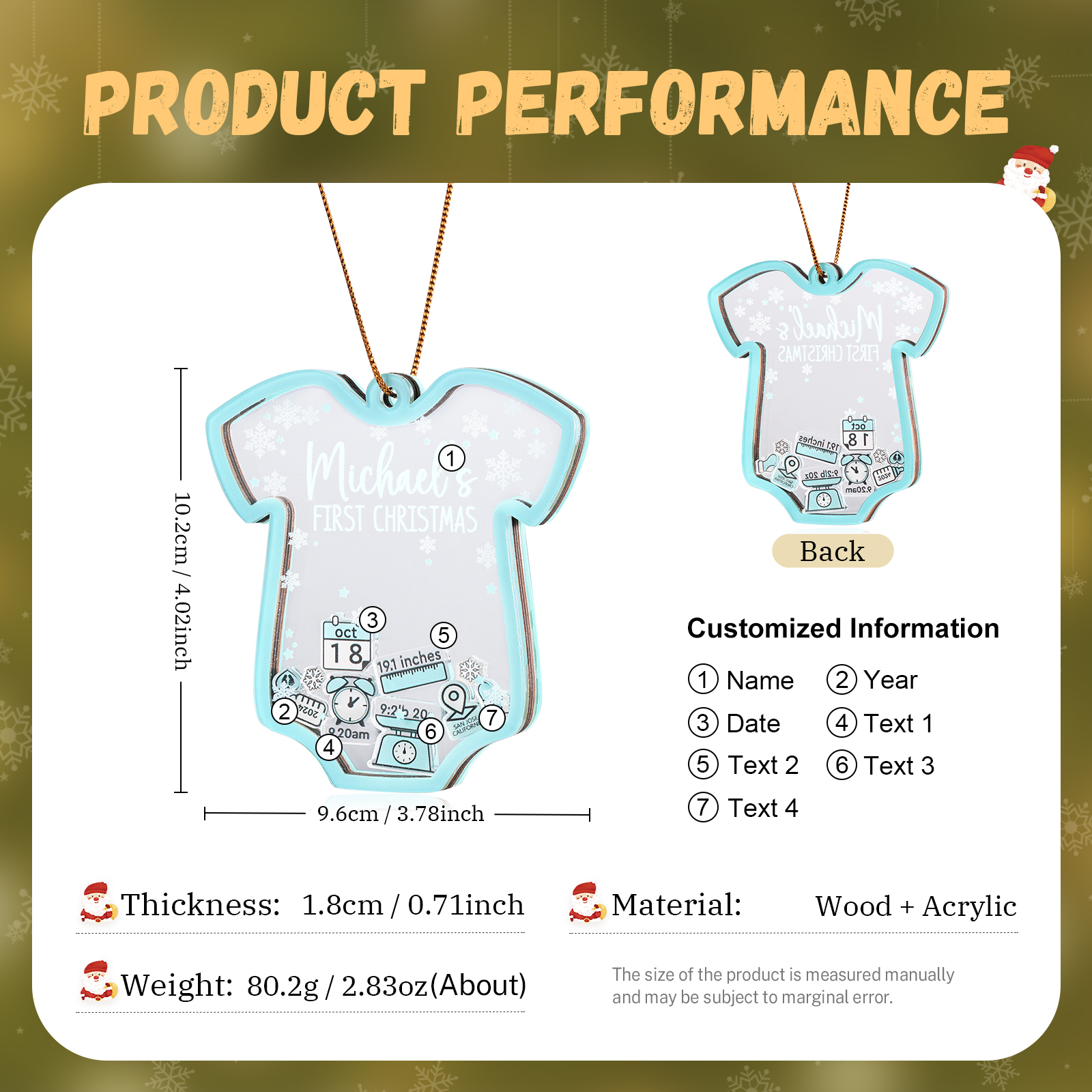 Personalised Baby's First Christmas Ornament 4 texts Name Date and Year Keepsake