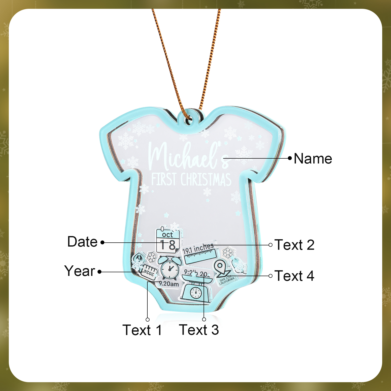Personalised Baby's First Christmas Ornament 4 texts Name Date and Year Keepsake