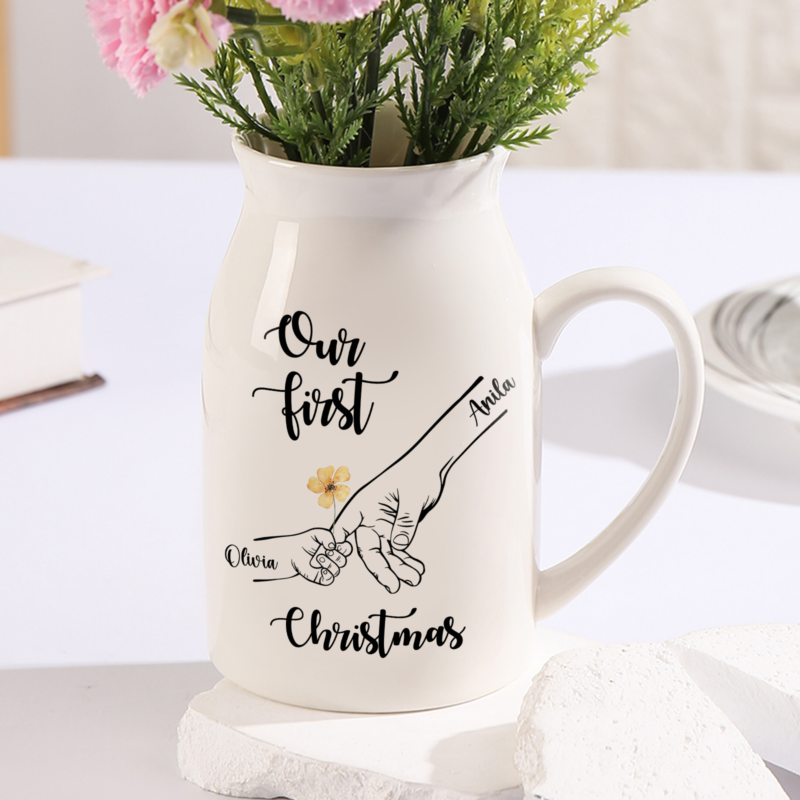 Personalised Holding Hands Ceramic Vase Custom 2 Names Gift for Mother - Our First Christmas