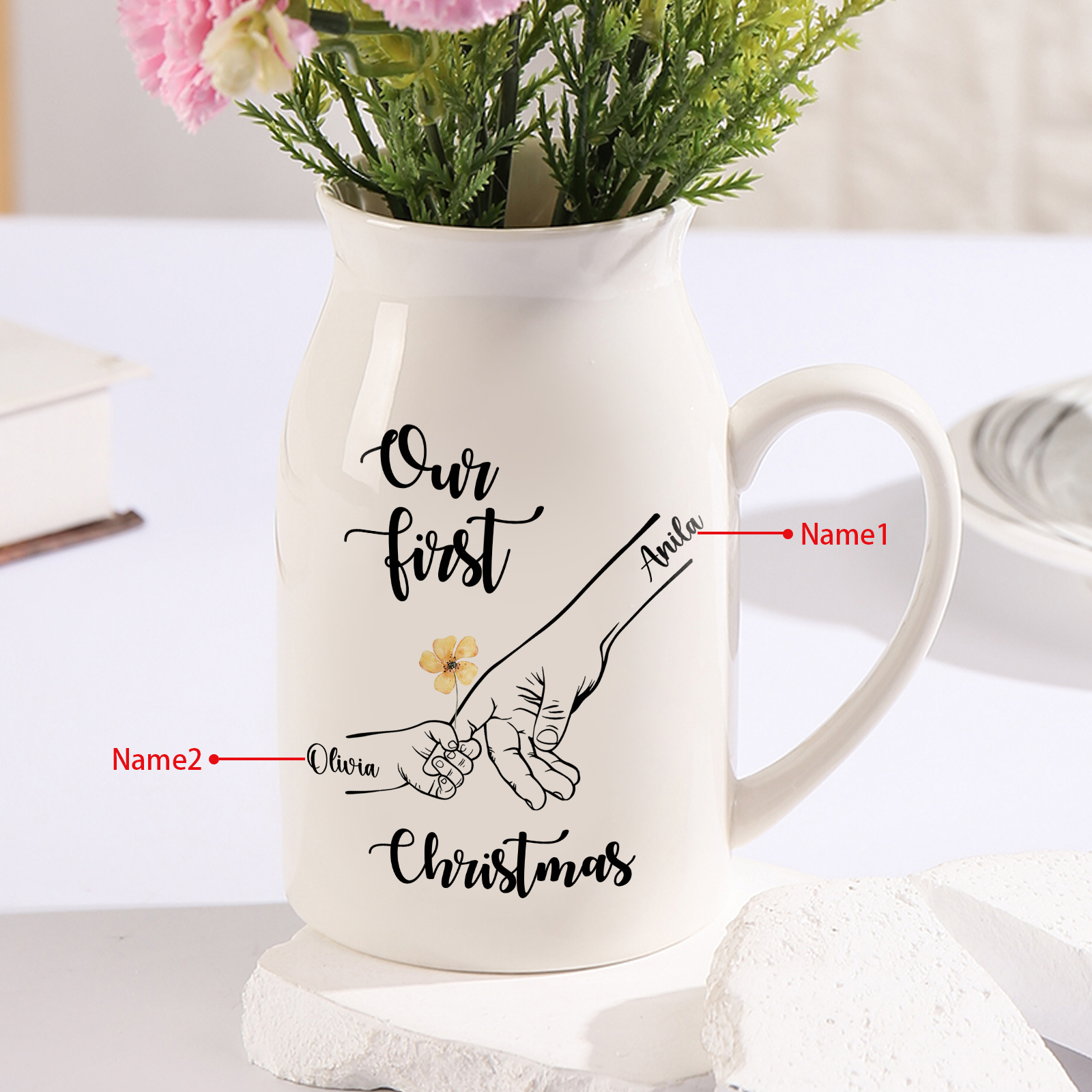 Personalised Holding Hands Ceramic Vase Custom 2 Names Gift for Mother - Our First Christmas