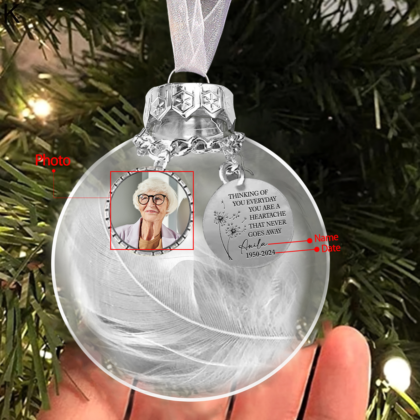 Personalised Memorial Ball Custom Photo & Name & Date Christmas Ornament - Thinking Of You Everyday, You Are A Heartache That Never Goes Away-Jessemade AU