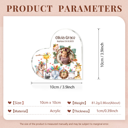 Personalised Acrylic Plaque Custom Name & Text & Photo Baby Keepsake Heart Ornament with Cute Animals-Jessemade AU
