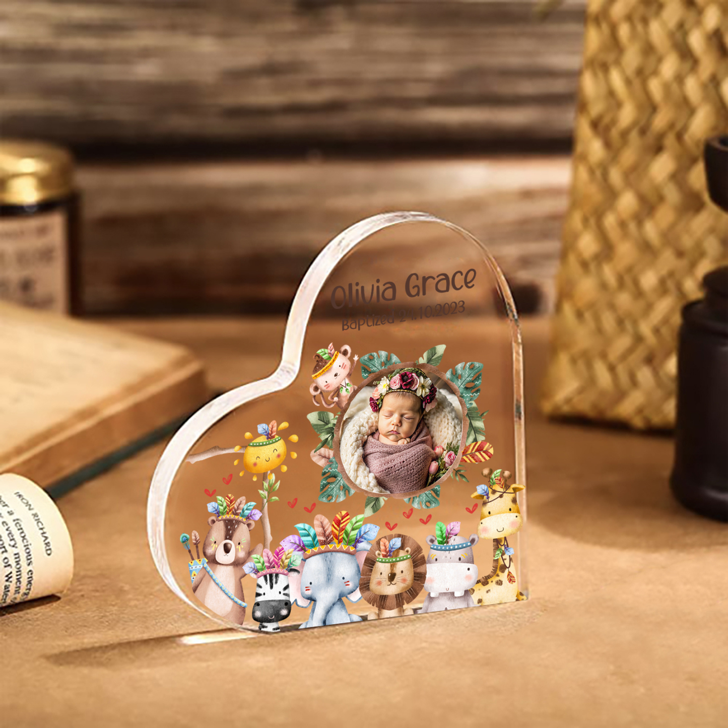 Personalised Acrylic Plaque Custom Name & Text & Photo Baby Keepsake Heart Ornament with Cute Animals-Jessemade AU